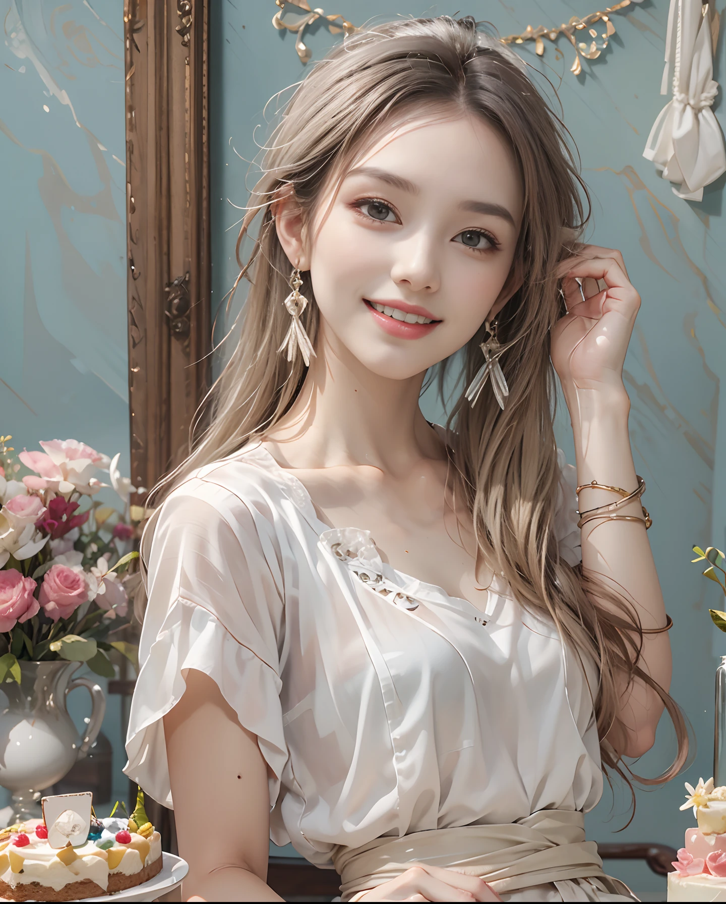 masutepiece、hight resolution、Cake craftsman、30-year-old girl、Smiling at the camera、Finish as shown in the photo、the skin is white and beautiful、inner colored、Hair should be tied back、A slender、Muscat earrings、