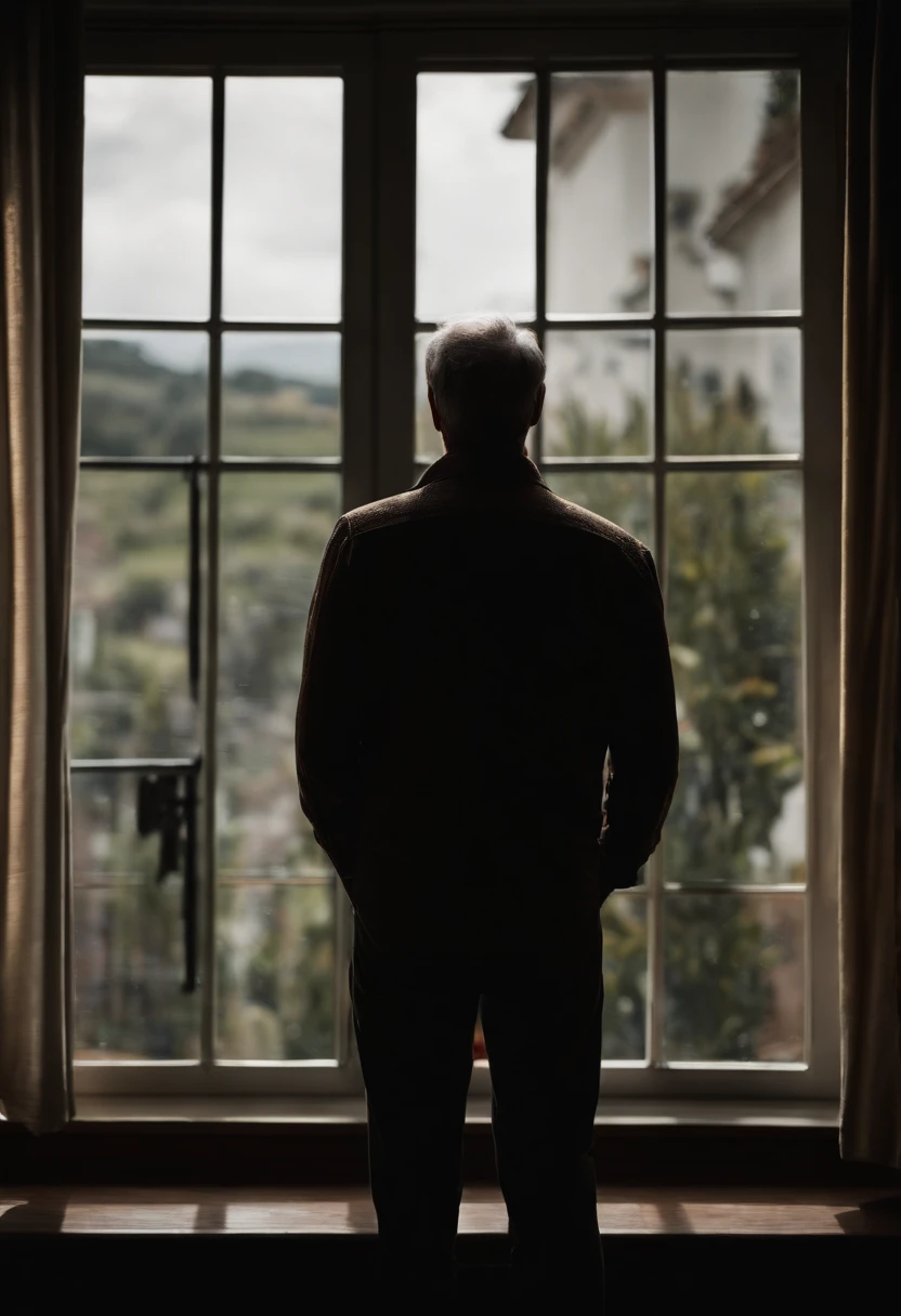 Retrato de un padre, de piel oscura, With his back to the camera posing with one hand in his pocket, mirando hacia lo lejo frente al cristal de la ventana, en  un una casa de 3 niveles
