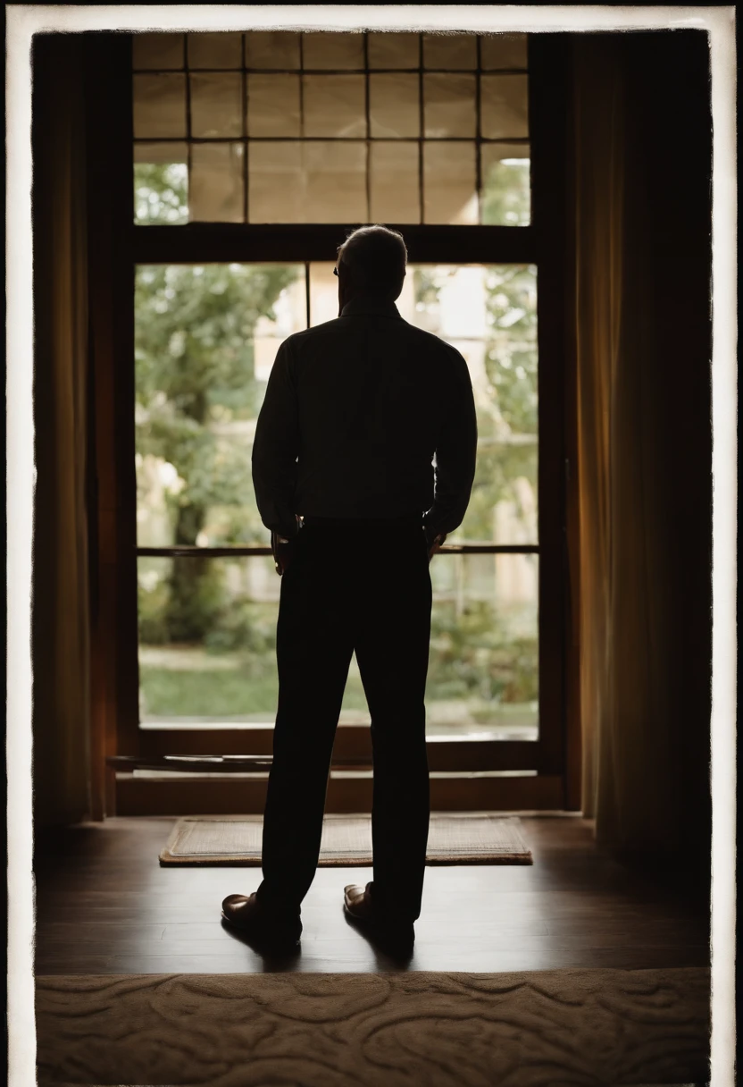 Retrato de un padre, de piel oscura, With his back to the camera posing with one hand in his pocket, mirando hacia lo lejo frente al cristal de la ventana, en  un una casa de 3 niveles