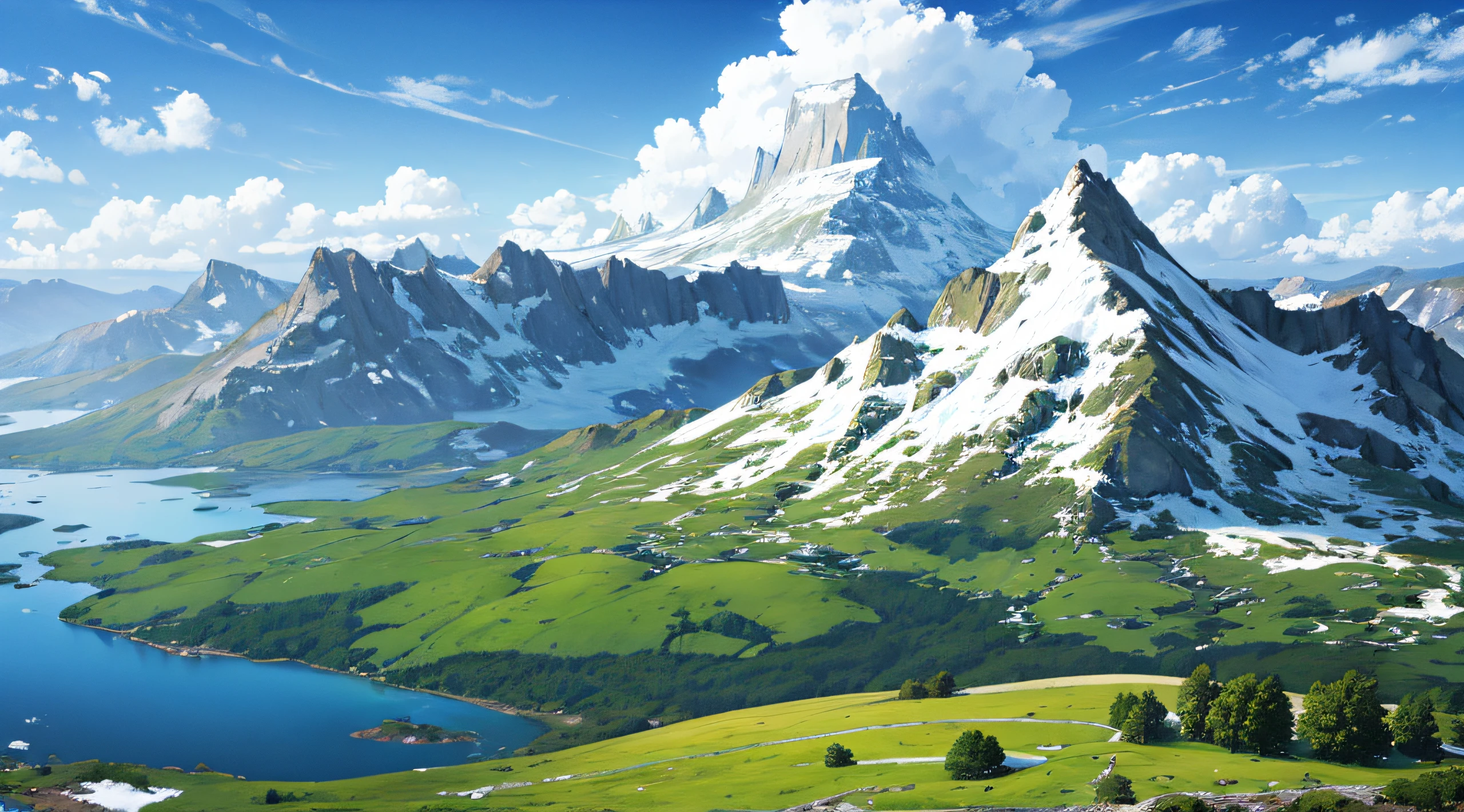 continent top view with green fields, big forests, a snow mountain on the back and a lake on the middle