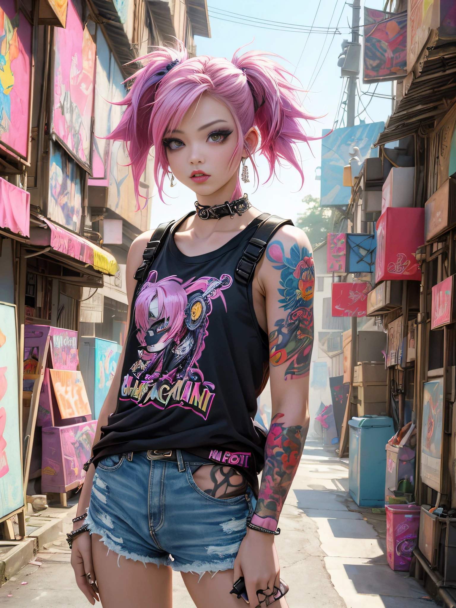 (top-quality、8K、32K、masterpiece、nffsw:1.3)、(Photorealsitic:1.4),18-year-old punk girl,、Wacky punk hair,Radical punk fashion,Tank Tops、Wacky makeup、A pink-haired,、A lot of tattoos on the body,、Street background、Backlight effect、depth of fields,blurry backround,,,,,,,,,,,,