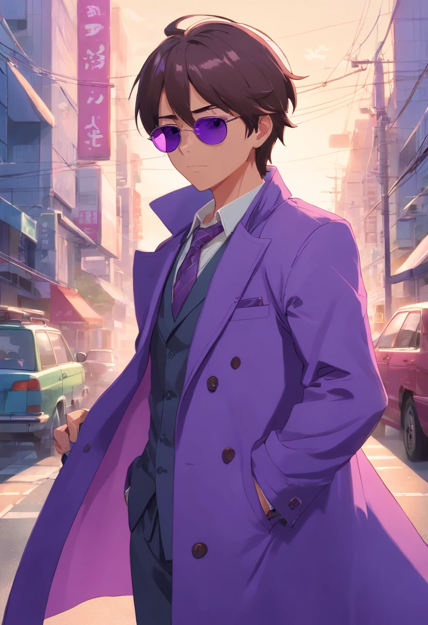 "A detailed art of Dick Swindler Frog wearing a purple overcoat and sunglasses on his face with a serious expression, corrida maluca, 4k, 8k, Full HD, corpo inteiro, Estilo de Arte corrida maluca, estilo de desenho hiper-realista, arte de anime limpa e detalhada, Background transarente"