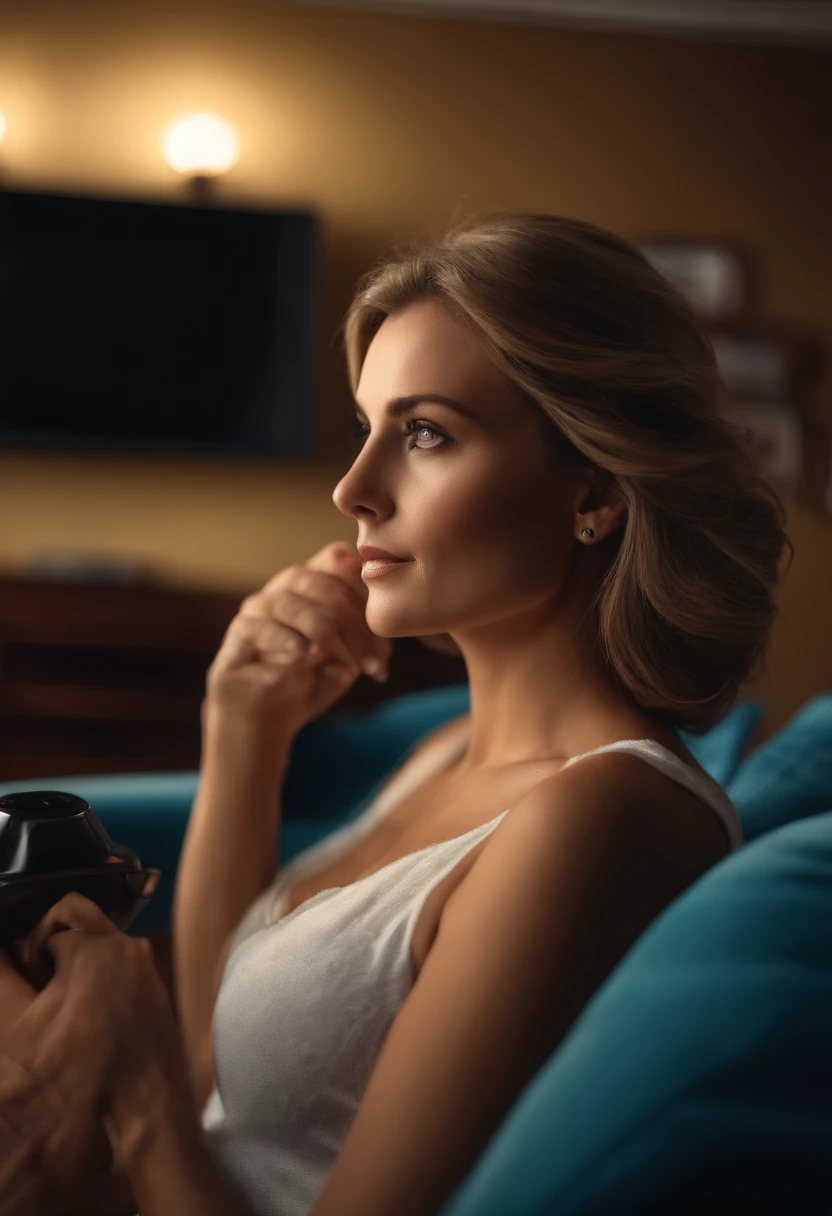 Beautiful German woman watching TV, vista lateral, cabina de lujo, primera clase, bandera alemana, estilo digital.