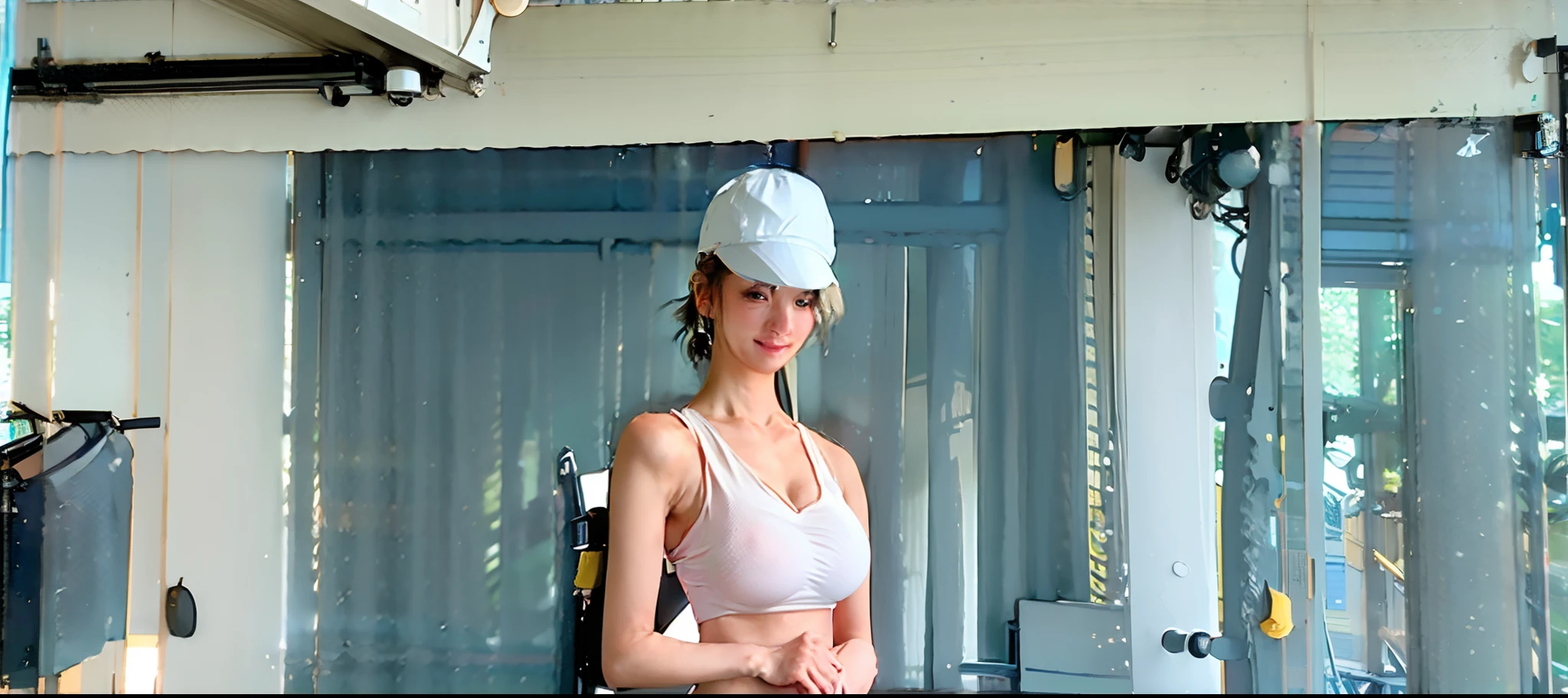 best quality, ultra high res, (photorealistic:1.4), 1girl, (white sports bra, see through, transparent), (yoga pants:1), big breasts, looking at viewer, smiling, cute, full body, gym room,(platinum pink hair:1)