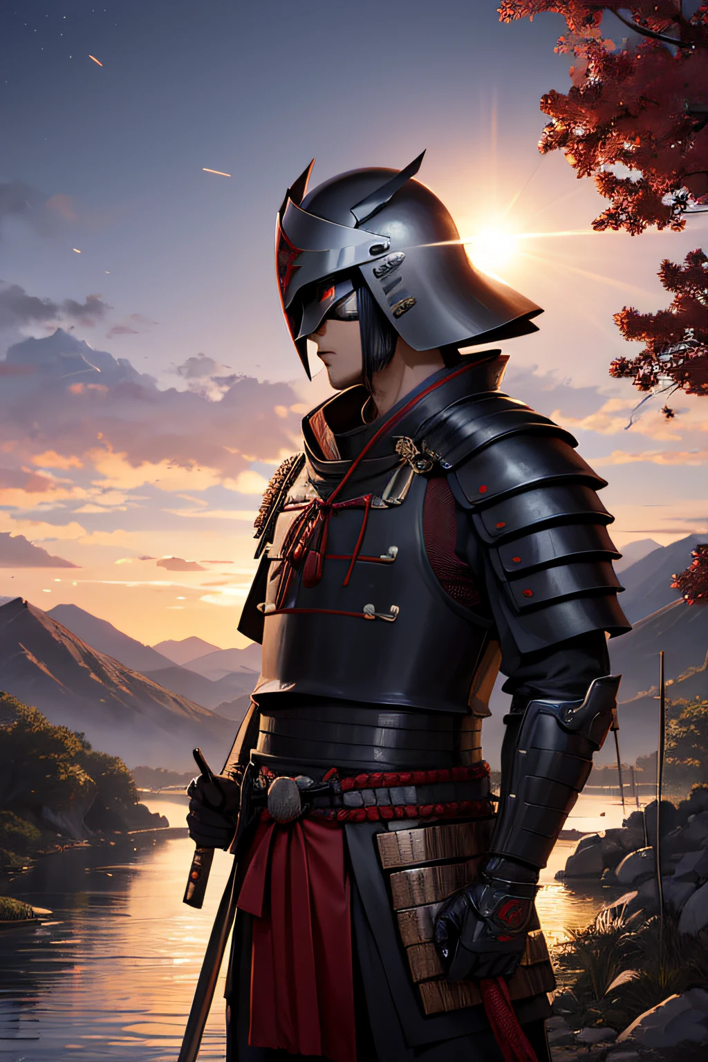 A realistic Japanese Rōnin warrior with his kabuto helmet with very realistic and detailed ghost face. He also has his armor and his katanna. It is on the edge of a river with a slight waterfall, in the distance a magnificent mountain and a sunset which reveals the Milky Way