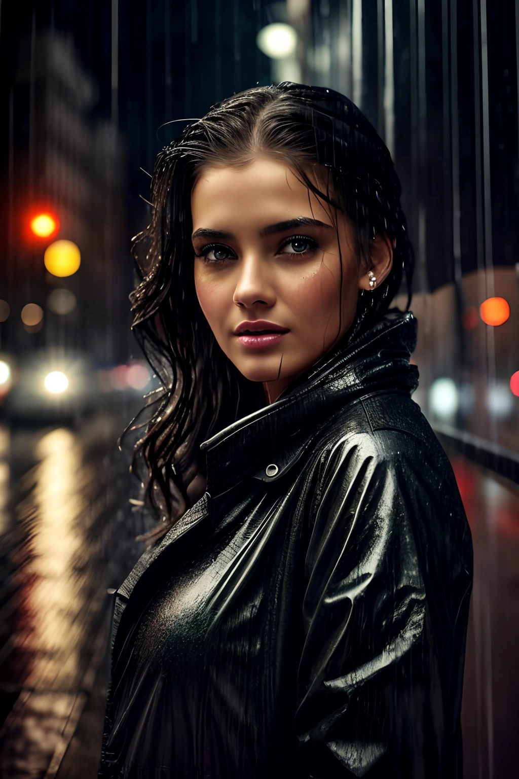 a girl standing in the rain,holding an umbrella,beautiful detailed eyes,beautiful detailed lips,extremely detailed face,realistic raindrops falling on her face and clothes,shimmering wet hair,wet asphalt reflecting the city lights in the background,photorealistic painting,high contrast lighting,vivid colors,dark and moody atmosphere,romantic mood