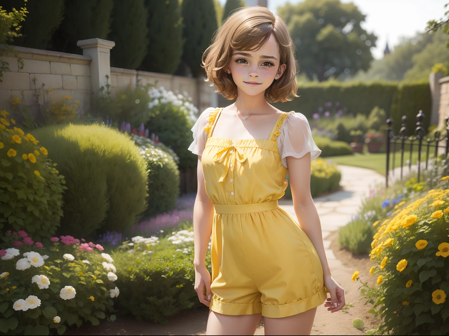 ten Emma Watson wearing a yellow playsuit in the garden, small bust, small chest, cute smile