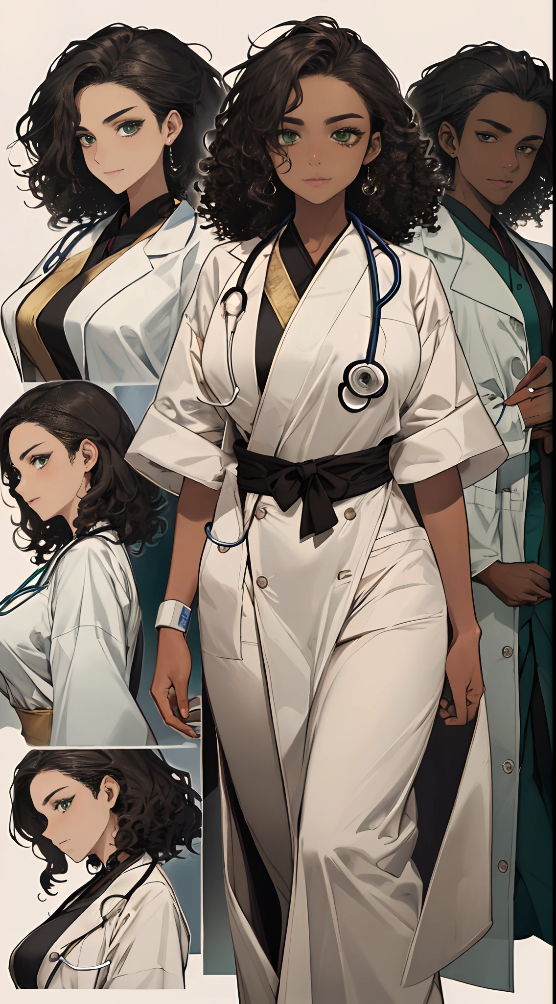 ((Masterpiece, hiquality, absurdress) 1Woman, black hair, curly hair, Afro-curly hair, Green eyes, a perfect face, the perfect body, big breastes, short stature, very dark skin, Hindu woman, 独奏, ((Best Quality)), ((Masterpiece)), (Detailed:1.4), Detailed eyes and face, white robe, Medical Uniform, Doctor's costume, medical doctor, hospital, Emergency Physician