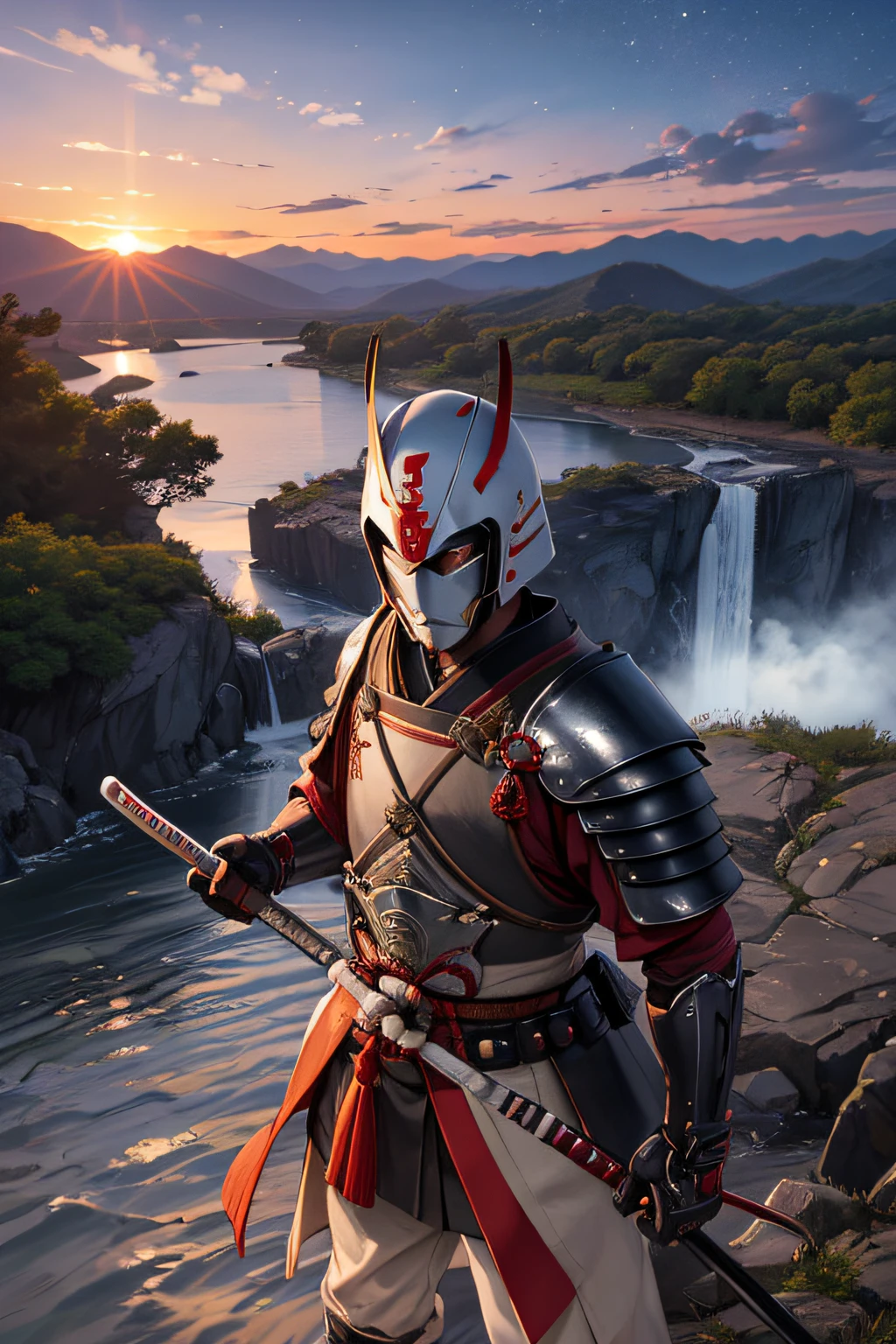 A realistic Japanese Rōnin warrior with his kabuto helmet with very realistic and detailed ghost face. He also has his armor and his katanna. It is on the edge of a river with a slight waterfall, in the distance a magnificent mountain and a sunset which reveals the Milky Way
