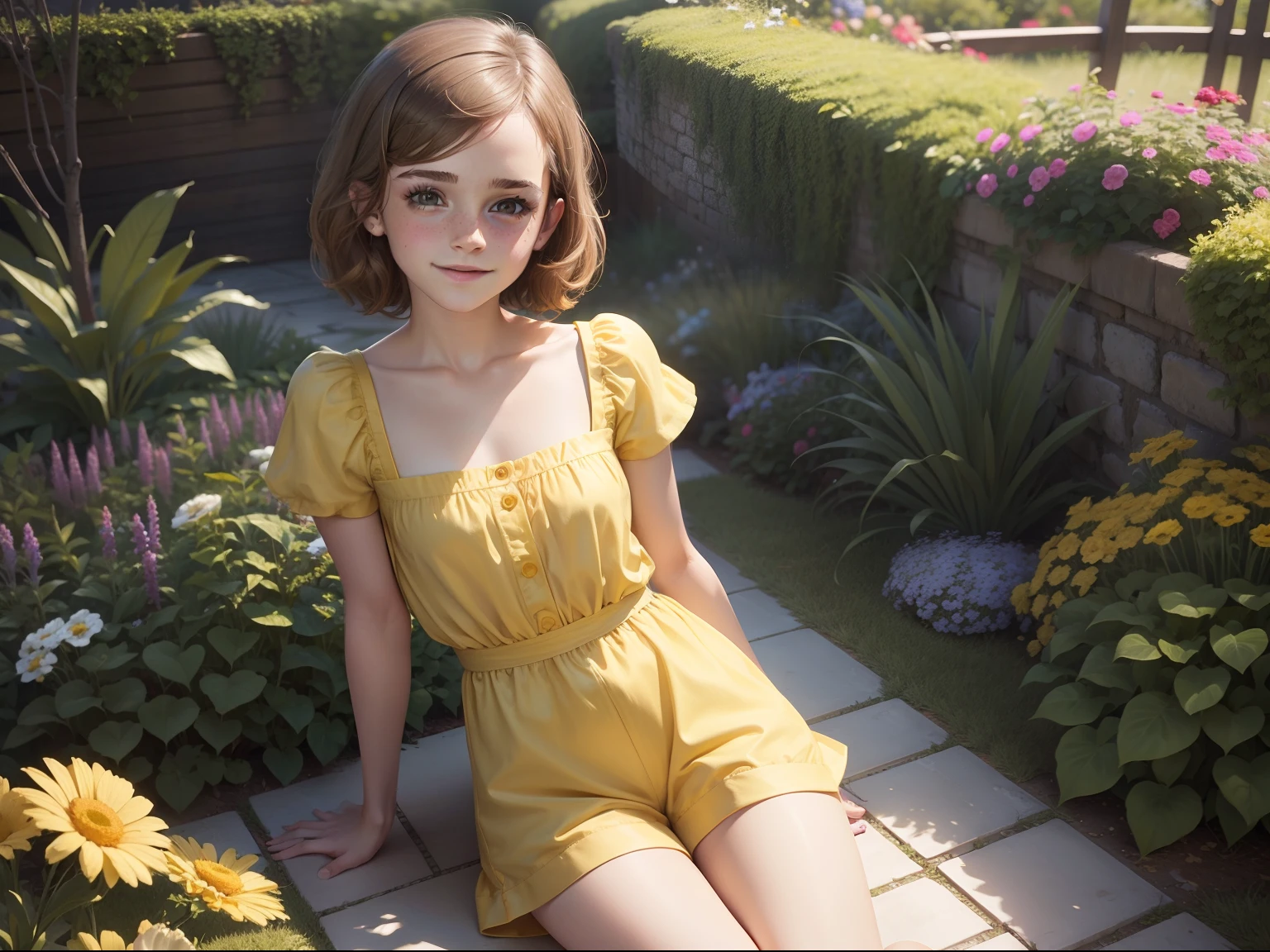 ten Emma Watson wearing a yellow playsuit in the garden, small bust, small chest, cute smile
