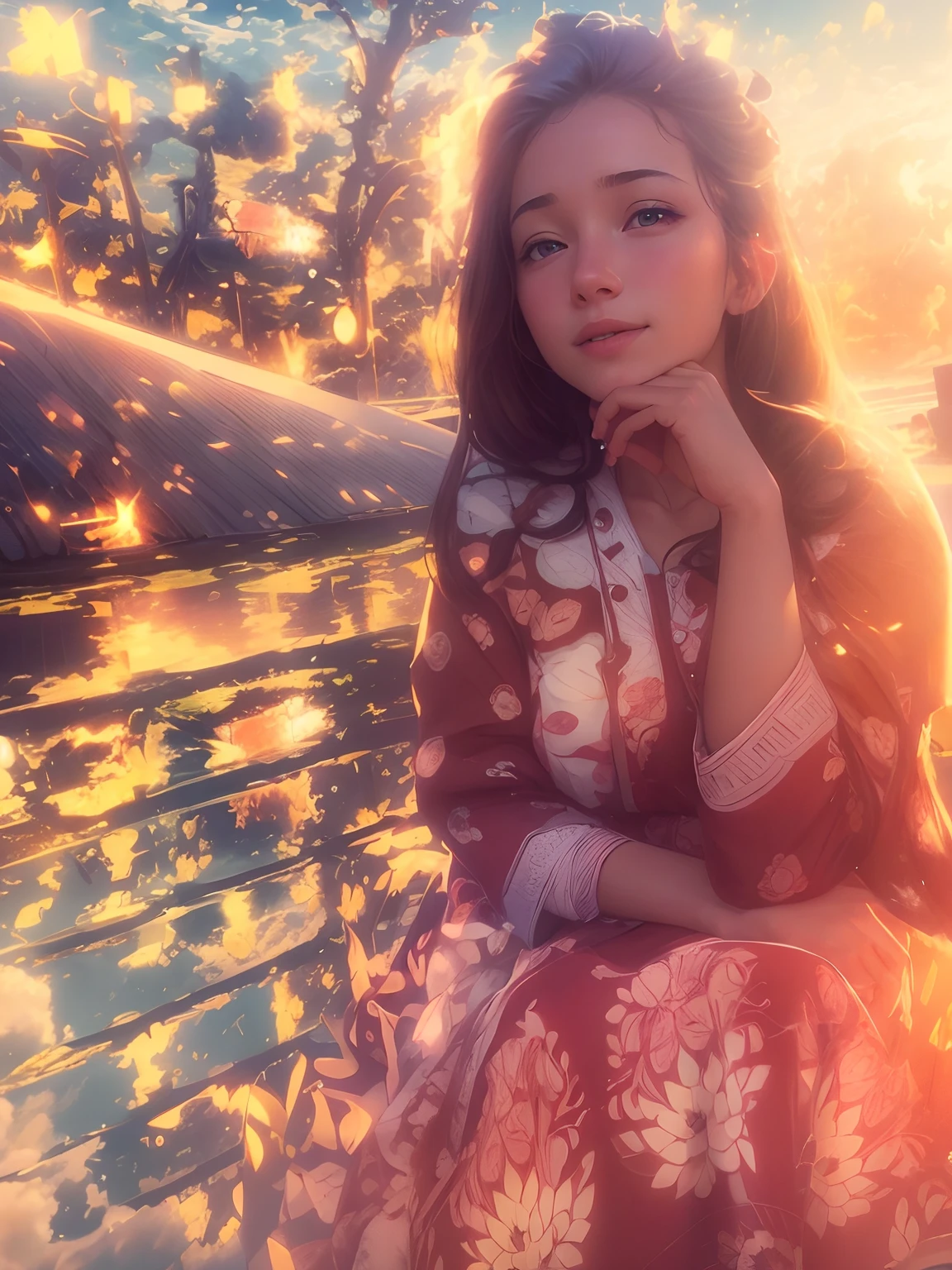 masterpiece, best quality, movie still, 1girl, cloud girl, floating in the sky, close-up, bright, happy, warm soft lighting, sunset, (sparks:0.7)