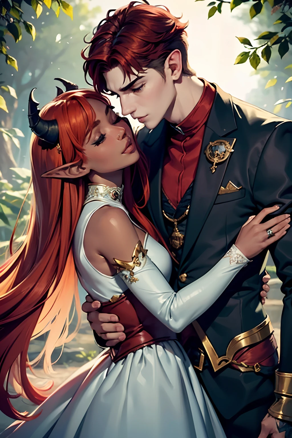 2others, couple, 1boy with 1girl, (Height difference1.3), (detailed face), (detailed nose), (detailed eye's), (detailed hands), (elf boy with (different hair color)), (daemon-like girl with (red hair and dark skin)), girl with horns, (girl kissing boy), (girl holding boy), full body, knight and lady, fantasy, closed eyes, enchanted dark forest, dark fairy tale, unconditional love, emotional connection