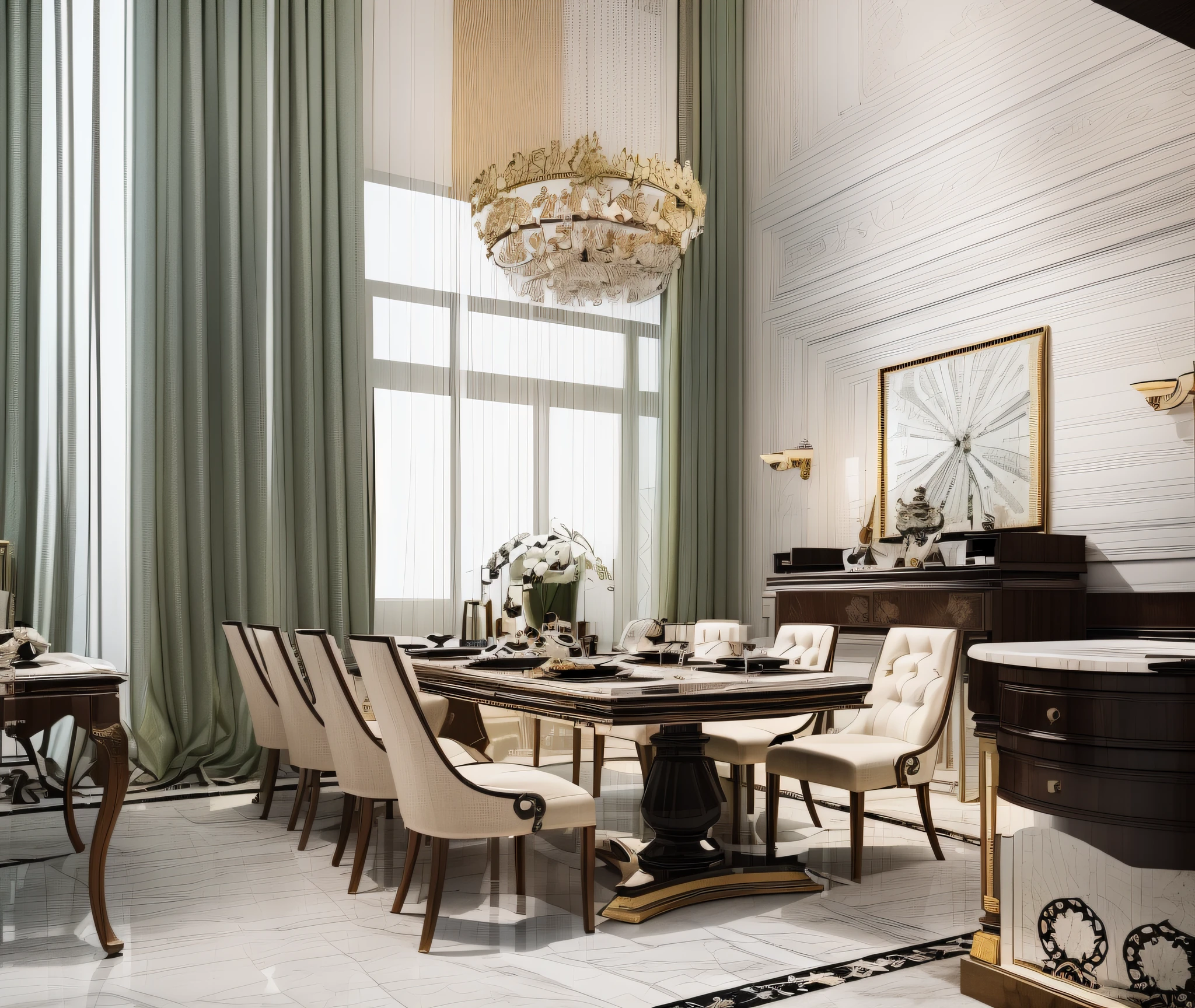 RAW photo, interior classic style, (high detailed skin:1.2), 8k uhd, dslr, soft lighting, high quality, Exquisite and highly detailed living room, high walls and windows, luxurious intricate wood furniture, prominently displayed art of marble on wall cladding with standout patterns, elegant pendent chandelier lighting, an impressive deep teal velvet or silk chairs, high harmonious curtain soft colors that enhance the interior. A huge black TV mounted on the wall. Intricate and detailed mediterranian style, intricate details on marble floor, grandeur marble on floor. Opulent ambiance of the space, comfort and perfect harmony of elements, maximalist and velvet style, sunset afternoon, natural realistic render, vibrant volumetric lights from windows
