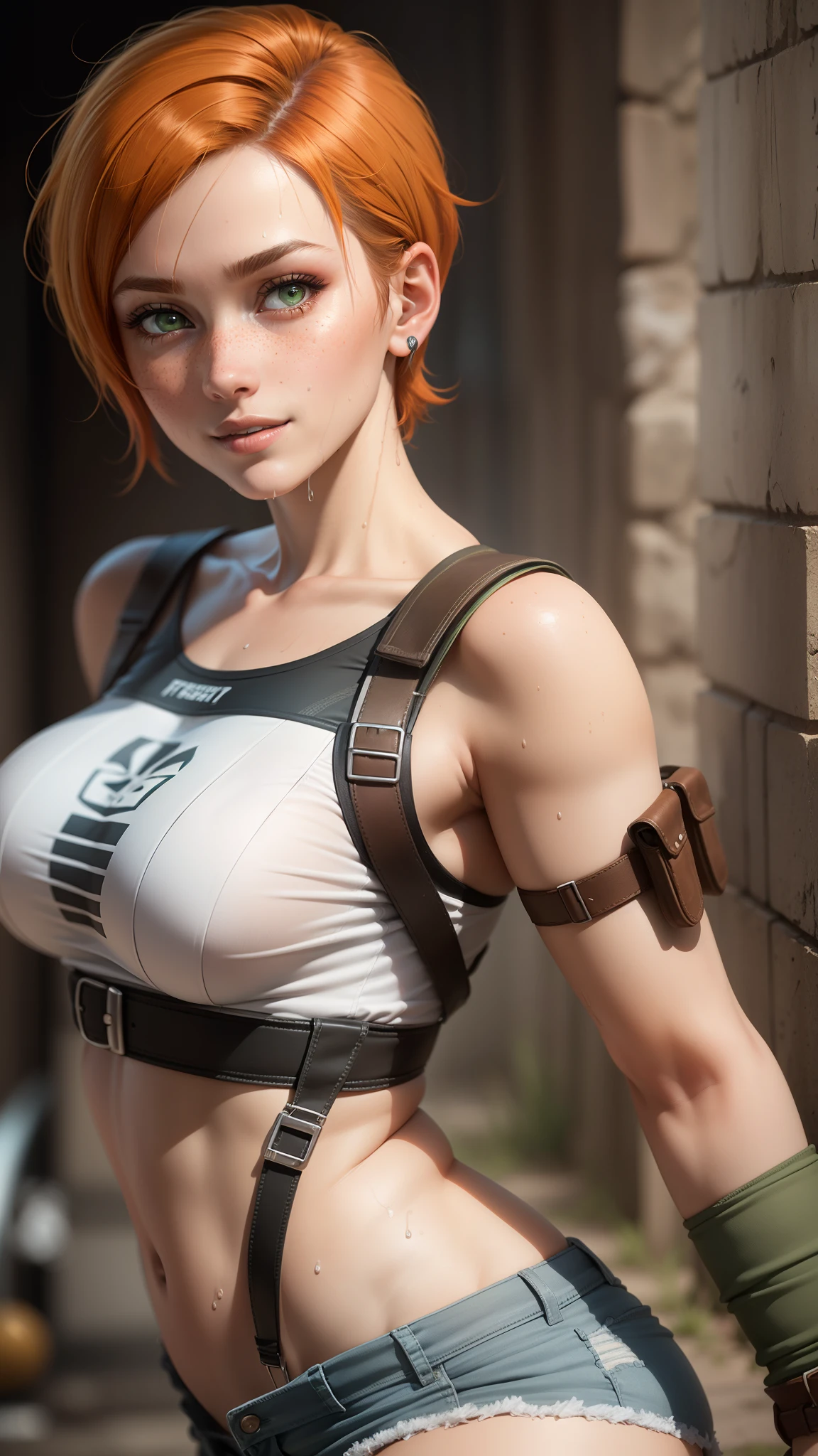 gwen tennyson,tracer,rebecca chambers,lara croft,resident evil,ager,green eyes,garter belt,short hair,orange hair,river,shy smile,ginger,white see-through leotard,striped panties,denim micro shorts,freckles,beautiful girl,wet clothes,fishnet stockings,large breasts,ultra detailed,realistic,