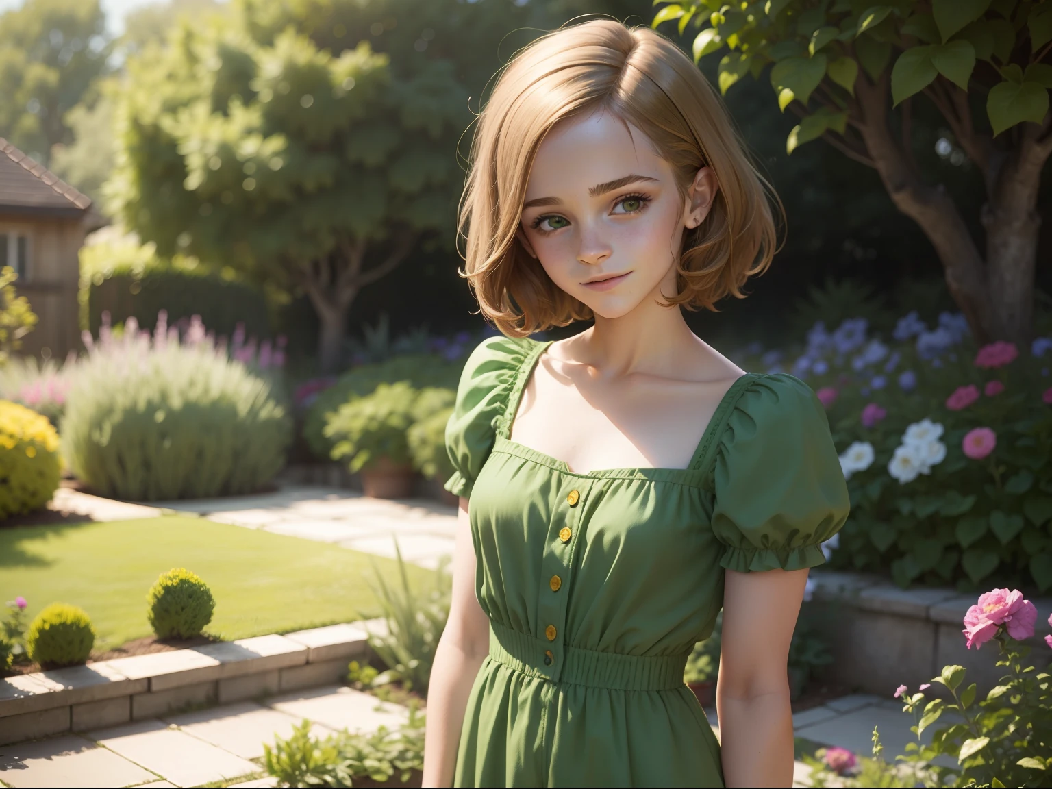 ten Emma Watson wearing a green playsuit in the garden, small bust, small chest, cute smile