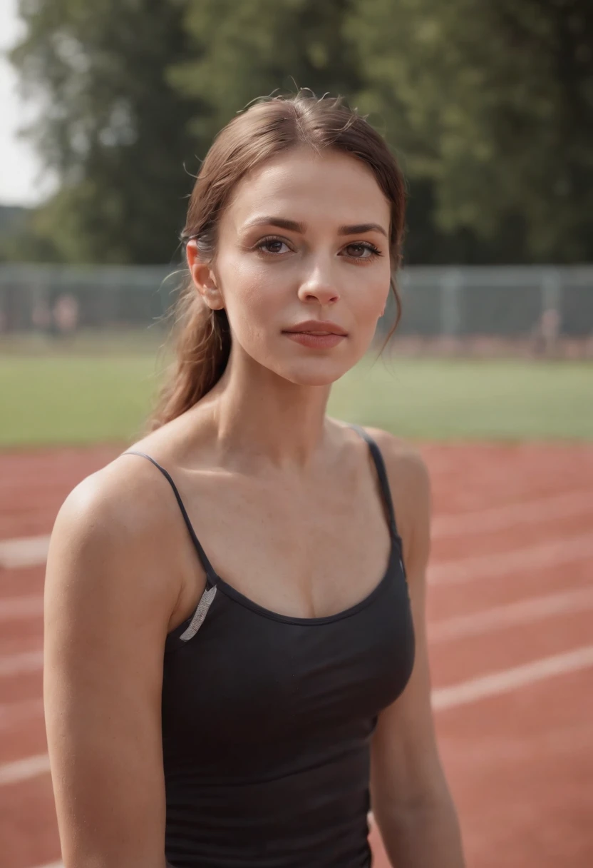 beautiful mature college girl, in track outfit, outside on track field, ((slim, petite)), photorealistic, photo, masterpiece, realistic, realism, photorealism, high contrast, photorealistic digital art trending on Artstation 8k HD high definition detailed realistic, detailed, skin texture, hyper detailed, realistic skin texture, armature, best quality, ultra high res, (photorealistic:1.4),, high resolution, detailed, raw photo, sharp re, by lee jeffries nikon d850 film stock photograph 4 kodak portra 400 camera f1.6 lens rich colors hyper realistic lifelike texture dramatic lighting unrealengine trending on artstation cinestill 800,