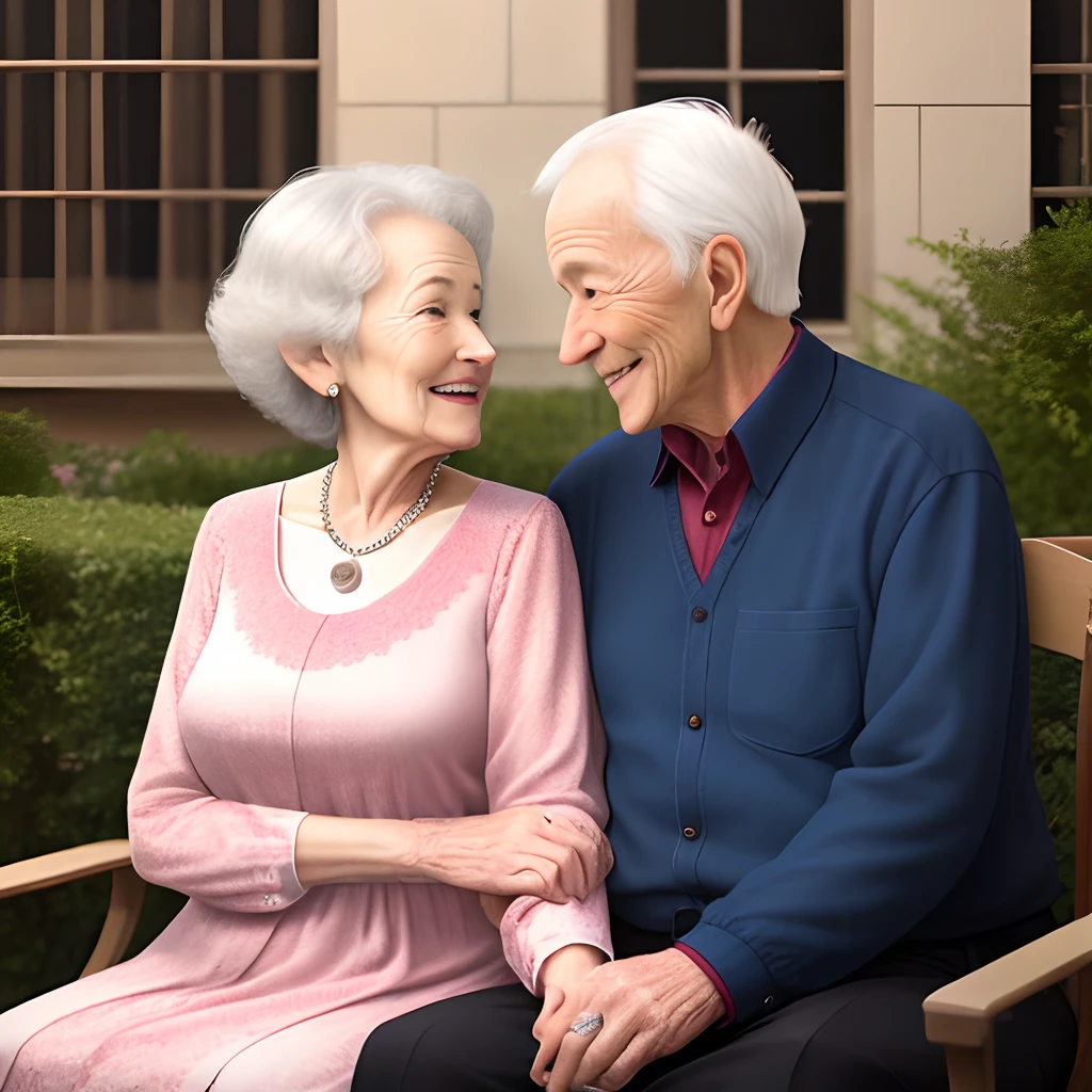 Old people and old grandma in love sitting in their courtyard together