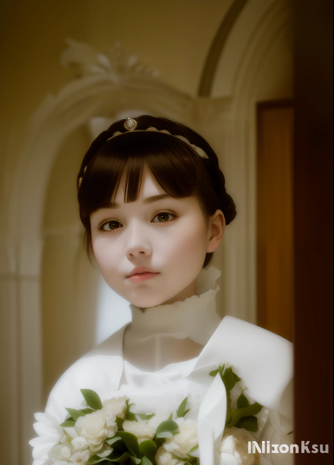 there is a young girl in a white dress holding a bouquet, sofya emelenko, portrait of princess, portrait young girl, medium portrait soft light, alexandra fomina, princess portrait, realistic portrait photo, kazakh empress, 1 3 5 mm nikon portrait, portrait of a young empress, sergey krasovskiy, anna nikonova