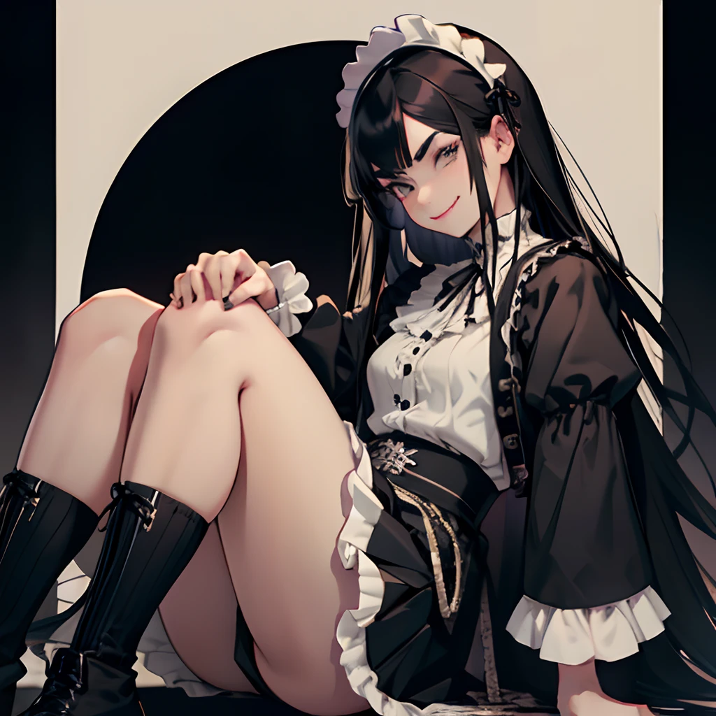 1 woman, Cool, masculine, Cross-dressing, Gothic clothes, Gothic, onepiece, knee high socks, Black socks, Skirt, Black clothes, white frills, Black hair, Long hair, Thick eyebrows, boyish, Sake, Head dress, Black lips , lots of ruffles、a smile、sake