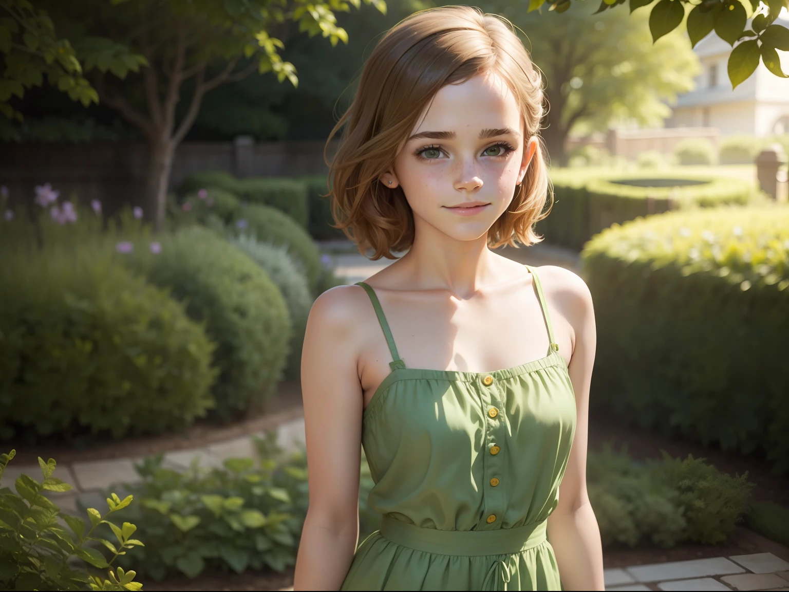 ten Emma Watson wearing a green playsuit in the garden, small bust, small chest, cute smile