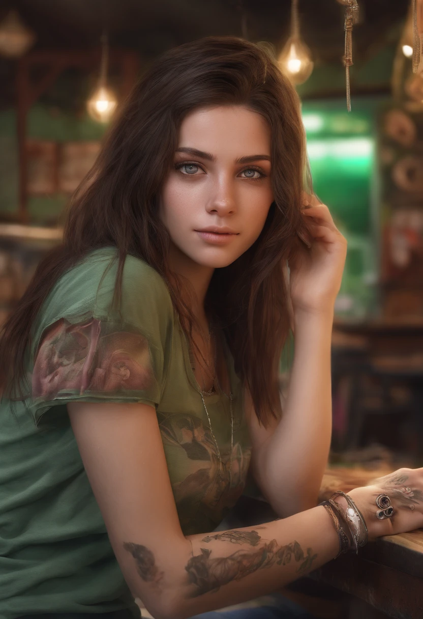 arafed woman with a red tank top and a necklace in a club, sexy girl with green eyes, portrait sophie mudd, brown hair and large eyes, selfie of a young woman, bedroom eyes, violet myers, without makeup, natural makeup, looking directly at the camera, face with artgram, subtle makeup, piercing green eyes, naked