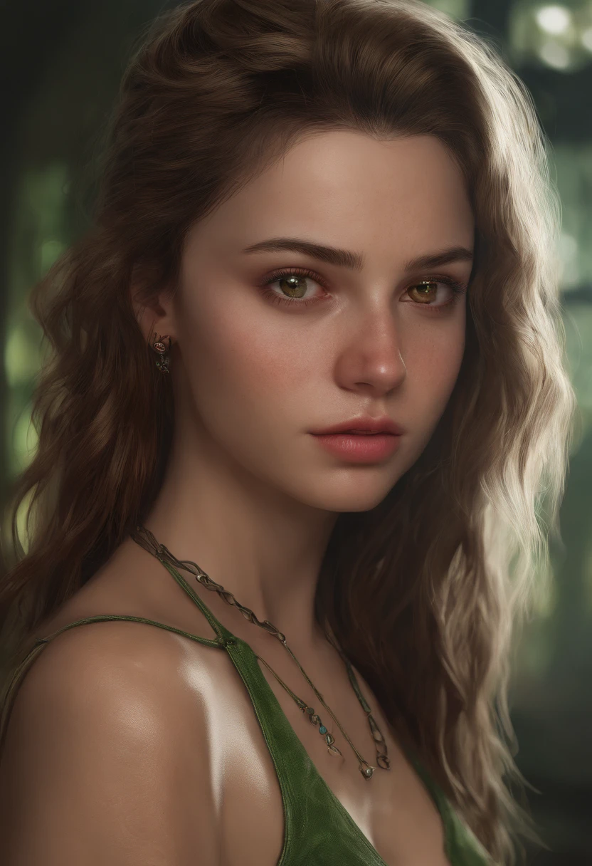 arafed woman with a red tank top and a necklace in a club, sexy girl with green eyes, portrait sophie mudd, brown hair and large eyes, selfie of a young woman, bedroom eyes, violet myers, without makeup, natural makeup, looking directly at the camera, face with artgram, subtle makeup, piercing green eyes, naked