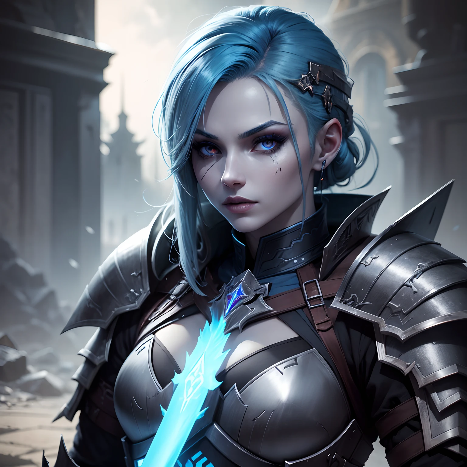 ember, undead, a sword, blue hair, grey skin, Steel armor, игра afk arena