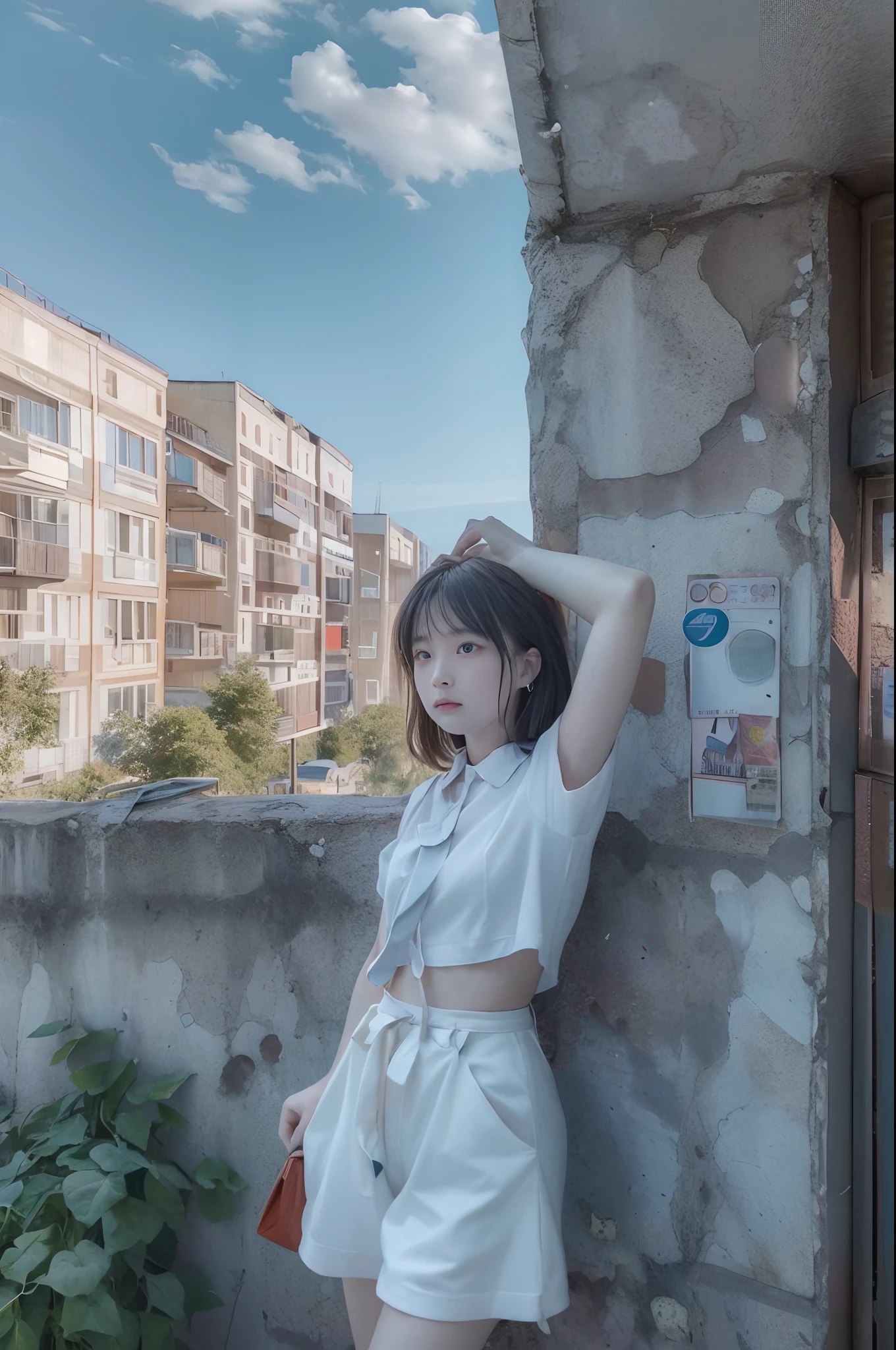 Time-lapse image on the background of a public apartment in Russia、Intersection of two time axes、Late summer photos、Images depicting different scenes of a age girl venturing through a Russian public house in the summer of the 1990s and 2020s. She is seen standing, Dancing, Posing、Tempting、With mixed emotions、Randomly select multiple emotions、Sounds like fun、sadly、In love、Staring at you、Eta、Gaze beyond these situations to the sky, Each represents a blend of past and future moments. The transition between eras is mesmerizing, With a perspective intertwined in a harmonious mix of nostalgia and futurism. The scene is、It is necessary to emit optimism and scathing sentimentality, Recognizing the girl's time experience as fluid, Interconnection phenomenon、masterpiece