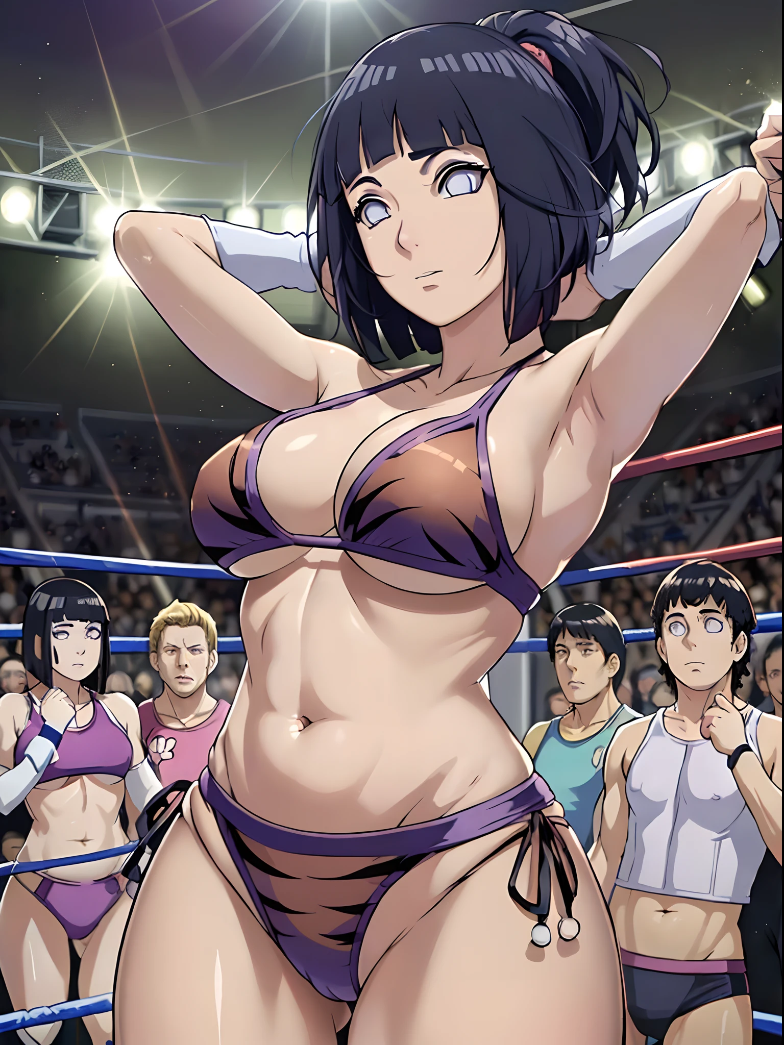 (ultra detailed body, ultra detailed face), ((solo)), anime style, hires, ((pro wrestling arena, pro wrestling match, crowd watching)), (hinata\(boruto\), (female wrestler), (slender body, broad shoulders, shaved armpit), mature woman, milf, (tigress, bikini, ultra detailed pro wrestling gear, armbands), victorious, gorgeous, winner, confident face, closed mouth, (pale skin, shiny skin, lighting and shadow), (dark blue hair color:1.1), wavy hair, ((short hair, hime cut, floating hair), big breasts, ((warming up)), (long belly), (closed fists), seductive, (perfect eyes, white sciera, bright eyes, white eyes, anime eyes, looking at the viewer)