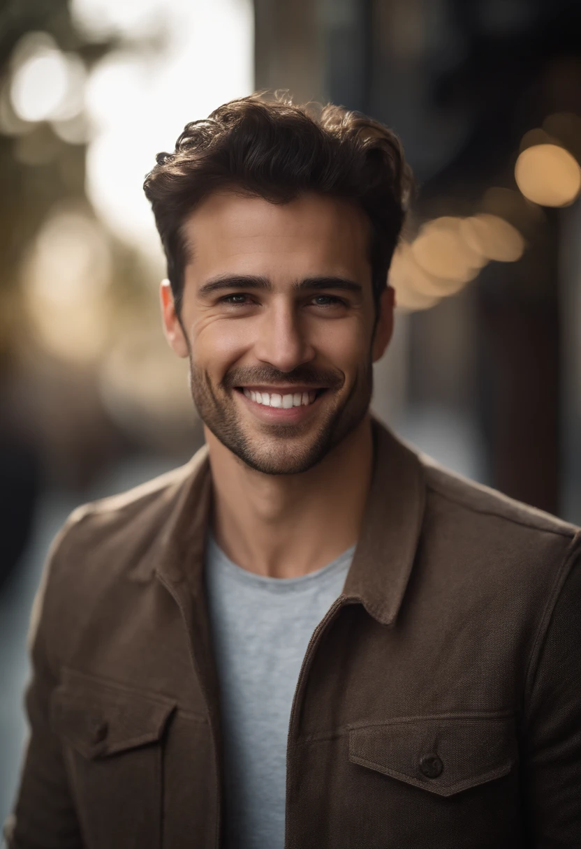 Cinematic soft lighting illuminates 20- to 30-year-old white American man. Hombre uapo, dark brown hair, pelo corto, con detalles impresionantes y ultrarrealistas, Detailed face and expression, ojos claros suaves, Sonrisa sutil, Retrato en primer plano de foto gran angular del cuerpo. 8K alto detalle.