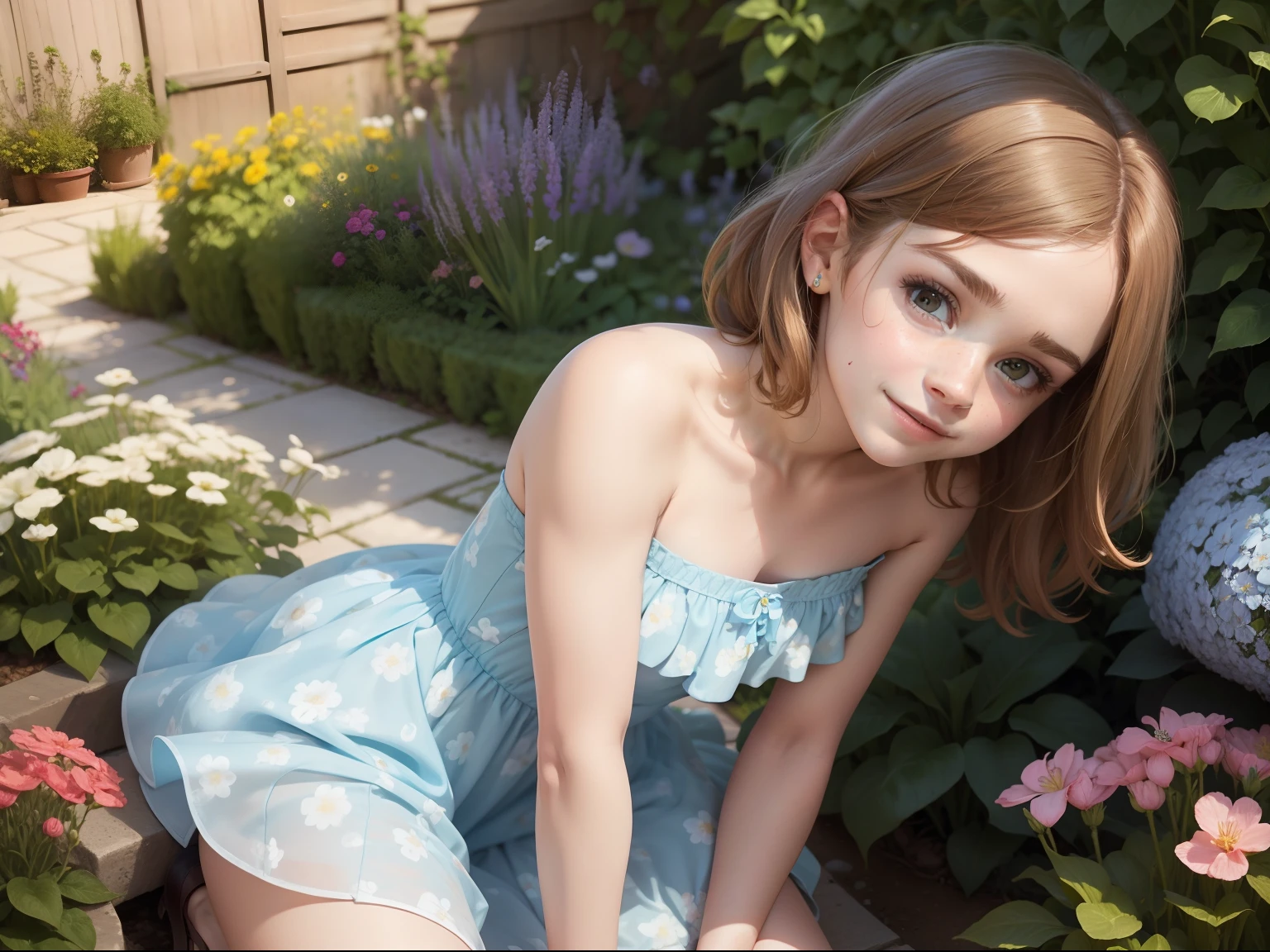 tween Emma Watson wearing a light blue floral patterned strapless playsuit in the garden, small bust, small chest, cute smile