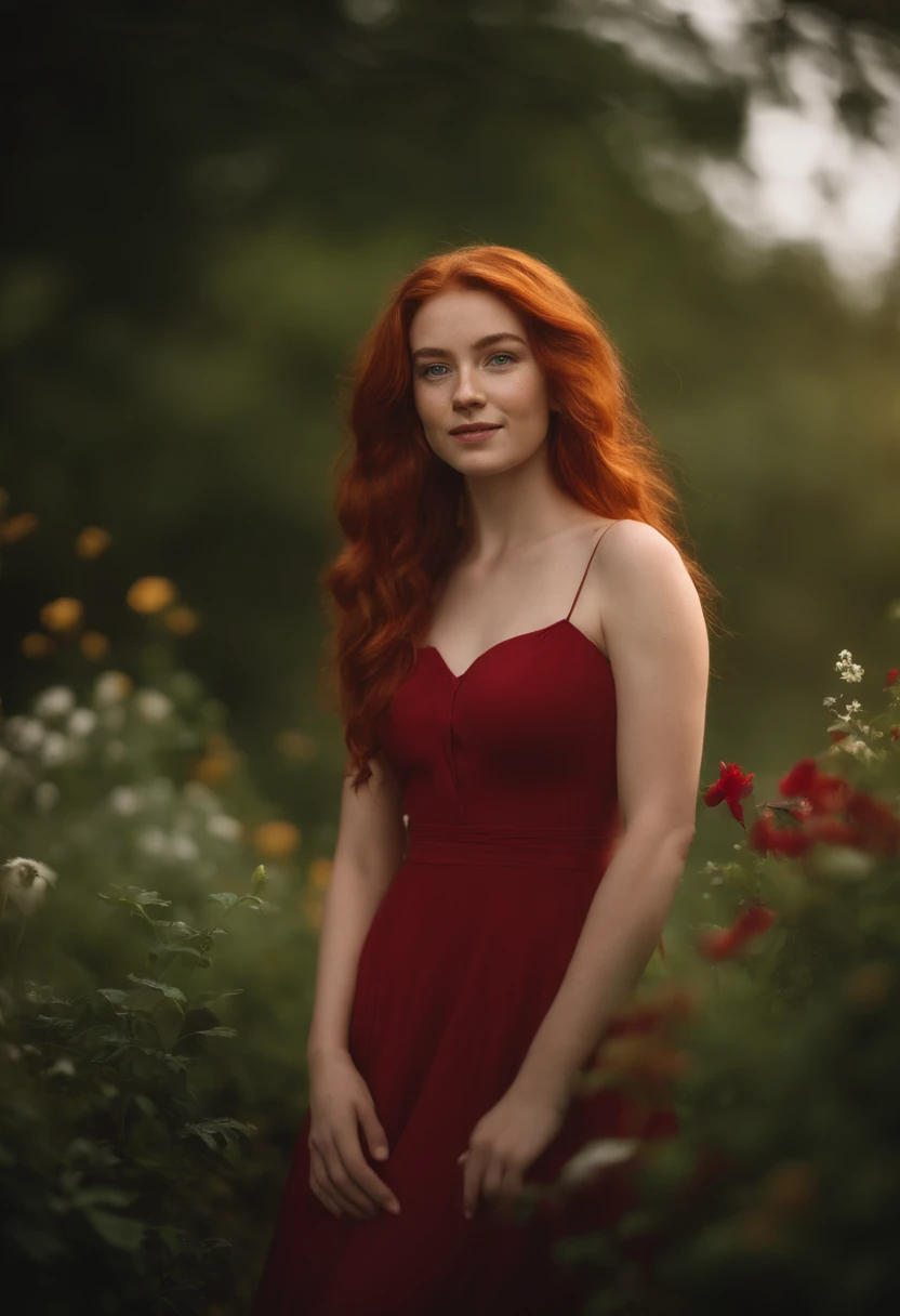 18 year-old girl, red hair, freckles, smiling for the camera, looking at the camera, full body, red dress, hais blowing in the wind, in a fairy garden, 4k, hyper realistic