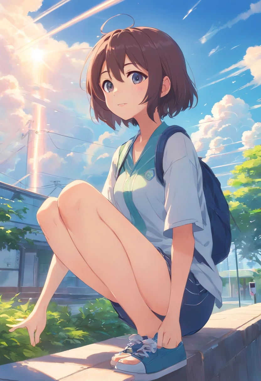 (master part), short hair, 1girl, cabelos floofy, curly hair, brat, Tsundere, slirt curto, high-school uniform, menina da escola,virada de costas,mostrar a bunda, e a calcinha molhada,amarrar, Embarrassed, Corar, trembling mouth, (irritado), from behind, cabelo rosa, Olhando para o Viewer, Outside, mochila, Panties, sexy