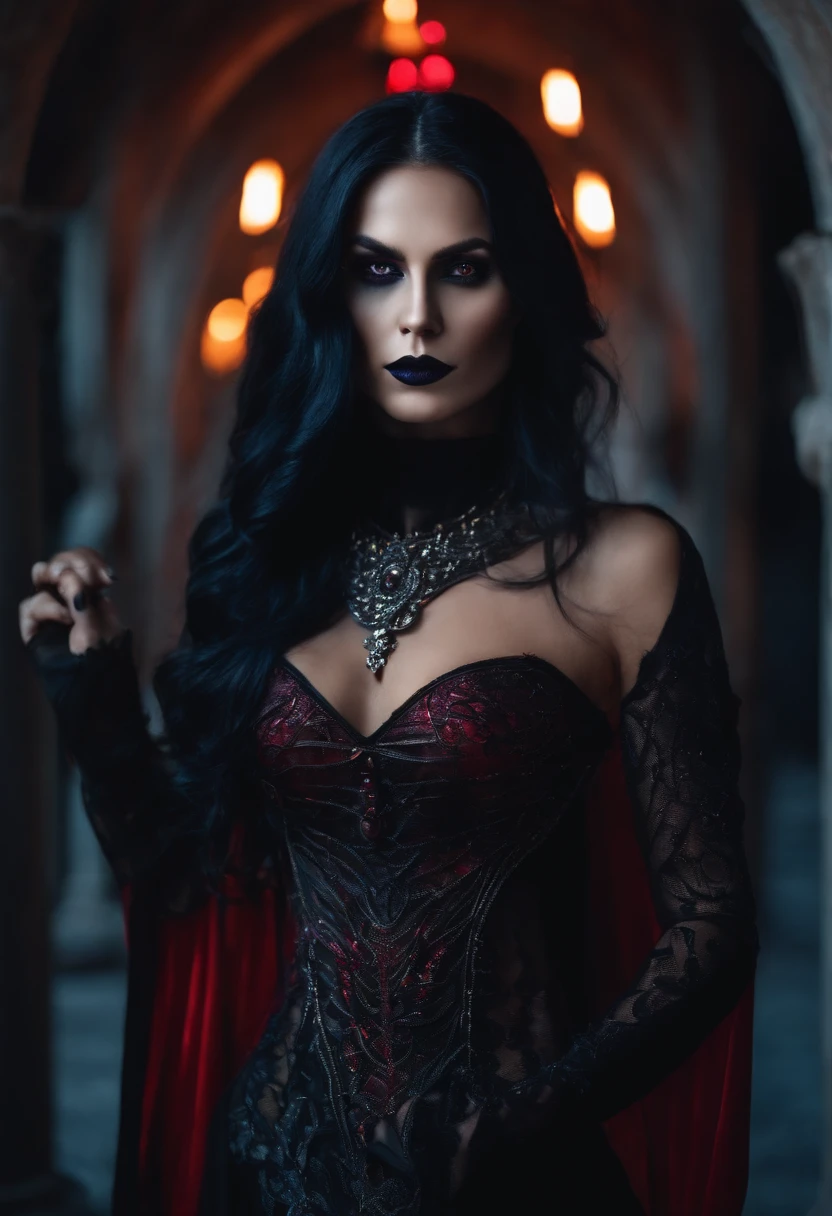 A realistic and detailed photograph of a vampire woman of elegant appearance and superhuman beauty. The vampire is posing in a dark and sophisticated environment, with stone walls and lit candles in the back. The young woman wears a black dress with silver decorations, plus a crosifix on his neck. His skin is very light and reflects a metallic texture.. Her hair falls in dark, straight waves to her knees.. Her eyes are of an intense red, with bright irises, and a black spot in his pupil. She is beautifully made up, with highlights in her eyebrows and bright red lips.