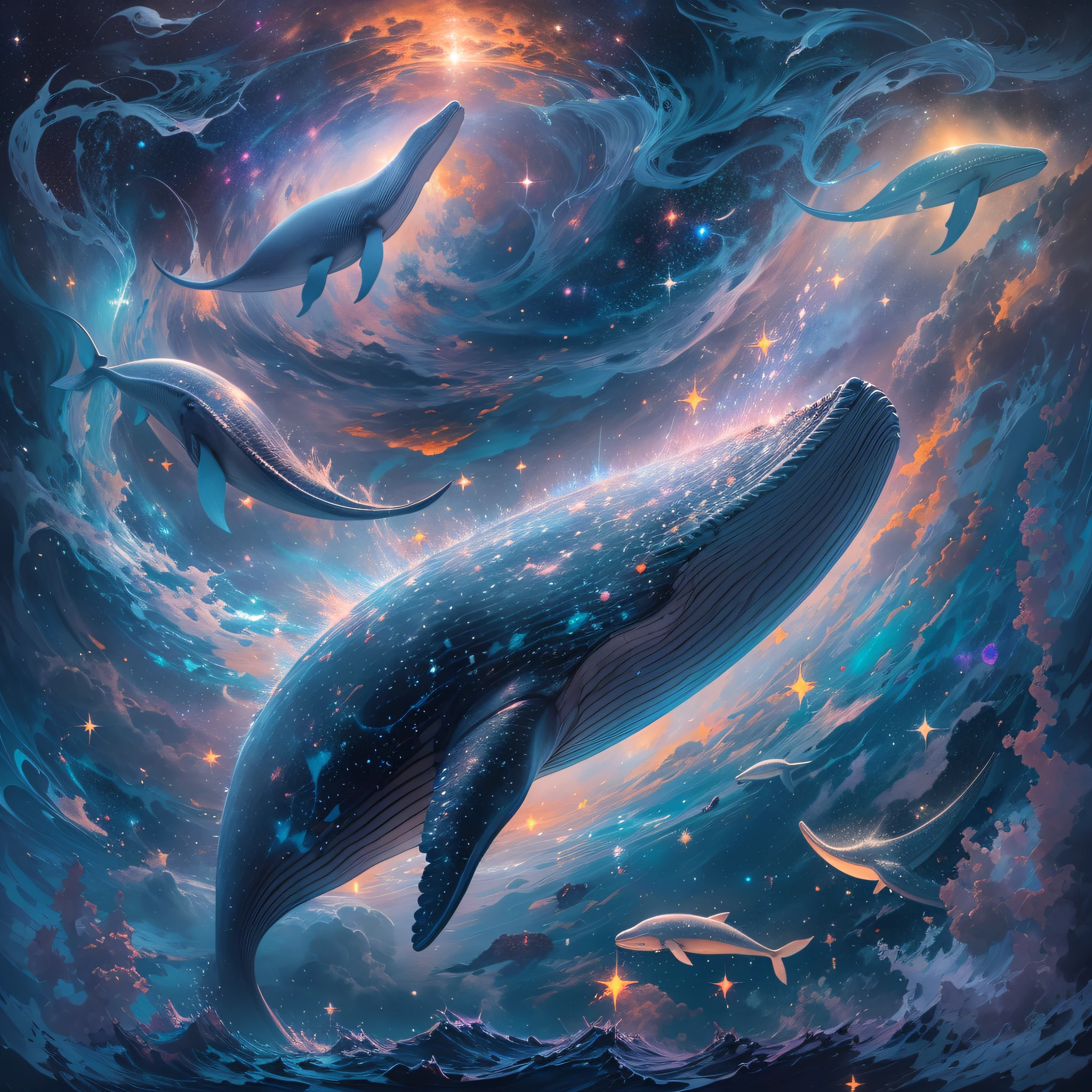 Whales swimming gracefully through the vastness of space, surrounded by the mesmerizing beauty of deep space. The scene is filled with a breathtaking display of galaxies and cosmic wonders, as if taken out of a surreal fantasy. The whales' majestic presence adds an enchanting touch to the cosmic landscape.
The artwork is rendered in a medium that exudes a sense of otherworldliness, capturing the ethereal essence of the space whales and their surroundings. The use of iridescent colors brings a luminous and magical quality to the image, enhancing the overall visual experience.
Every detail of the whales' features is meticulously portrayed to showcase their beauty. Their eyes shine with an inexplicable depth and splendor, drawing viewers into their world. The long and elegant lashes frame their eyes, accentuating their enchanting gaze. The lips of these celestial creatures are equally captivating, with a delicacy and elegance that matches their graceful presence.
The image is of the highest quality, with a resolution that showcases the grandeur of the whales and the cosmic backdrop. It boasts the finest details, from the intricate patterns on their skin to the texture of the surrounding space.
The art style employed in this artwork is a fusion of realism and fantasy, combining elements of portraiture with a touch of surrealism. The result is a captivating blend of the familiar and the extraordinary, seamlessly merging the world of space and the world of whales.
The color palette used in the artwork leans towards vibrant and vivid shades, reflecting the richness and diversity of the cosmos. It creates a visually stunning contrast against the dark expanse of space, further highlighting the whales' ethereal presence.
The lighting in the image is carefully crafted to mimic the soft glow emitted by distant stars. It bathes the space whales and their surroundings in a gentle luminosity, adding depth and dimension to the overall composition.
In summary, this prompt dep