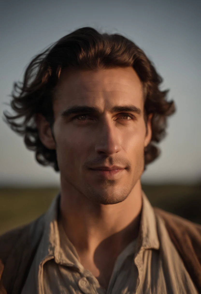 Cinematic soft lighting illuminates 20- to 30-year-old white American man in the countryside, con un estilo aventurero. Hombre guapo, dark brown hair, pelo corto, con detalles impresionantes y ultrarrealistas, Detailed face and expression, ojos claros suaves, Sonrisa sutil, Retrato en primer plano de foto gran angular del cuerpo. 8K alto detalle.