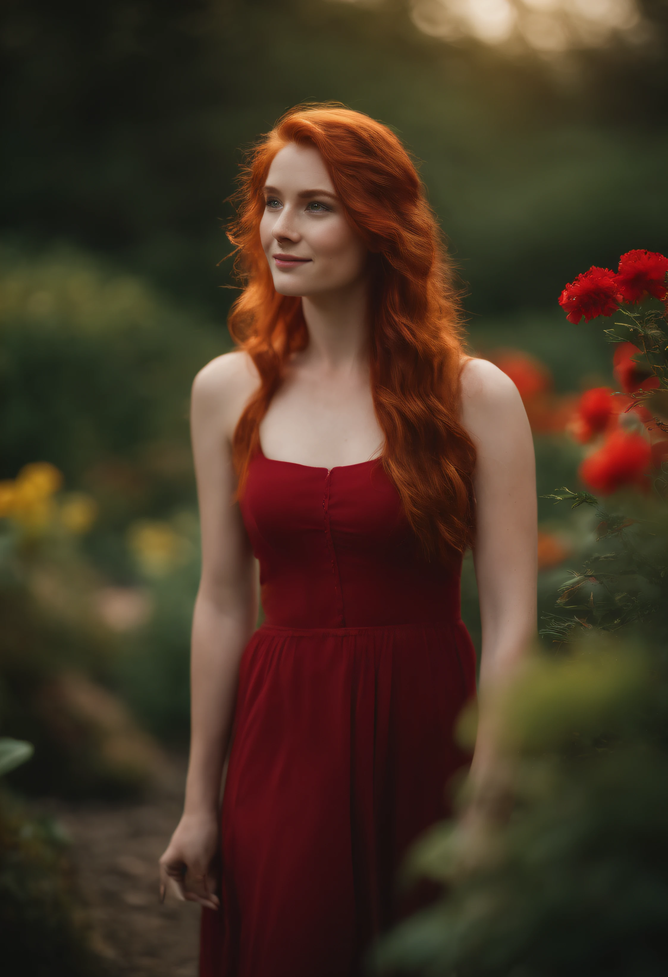 18 year-old girl, red hair, freckles, smiling for the camera, looking at the camera, full body, red dress, hais blowing in the wind, in a fairy garden, 4k, hyper realistic