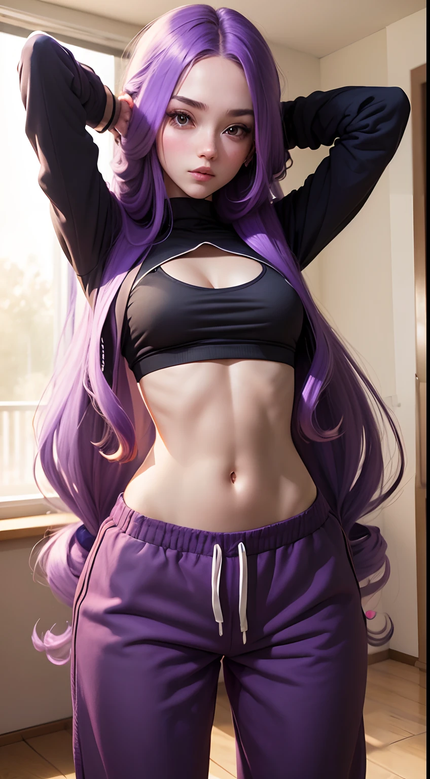 Girl with long purple hair slim, cuteface, little chest, in a skirt and top, Squatting, spreads the legs