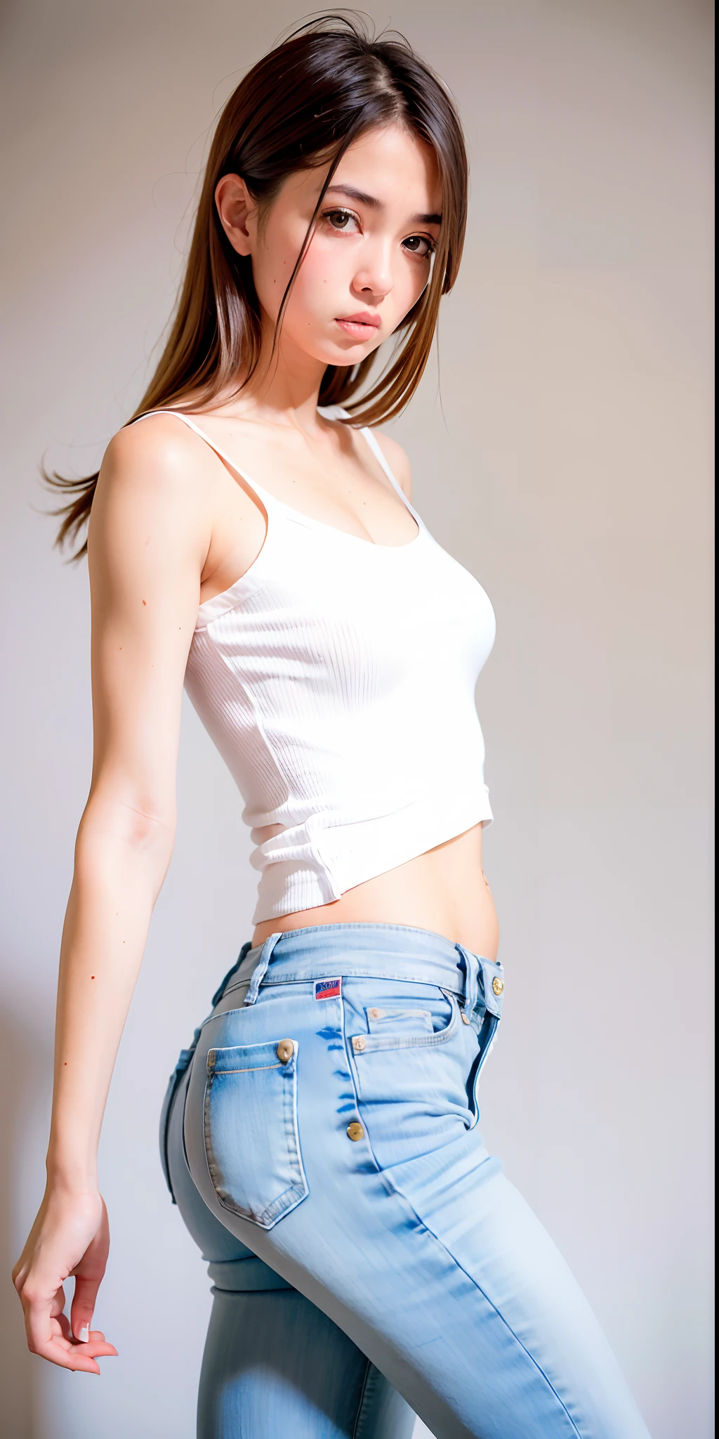 beautiful woman, brown hair with highlights, full body image, white jeans, walking, looking sideways