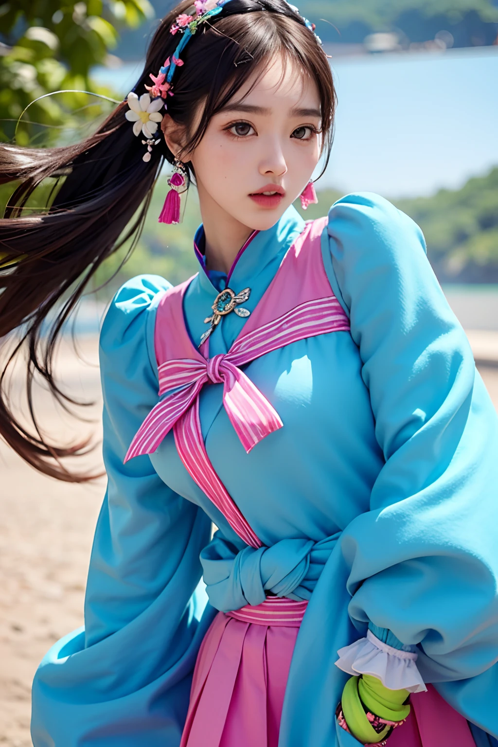 A woman in a blue and pink dress standing on a beach - SeaArt AI