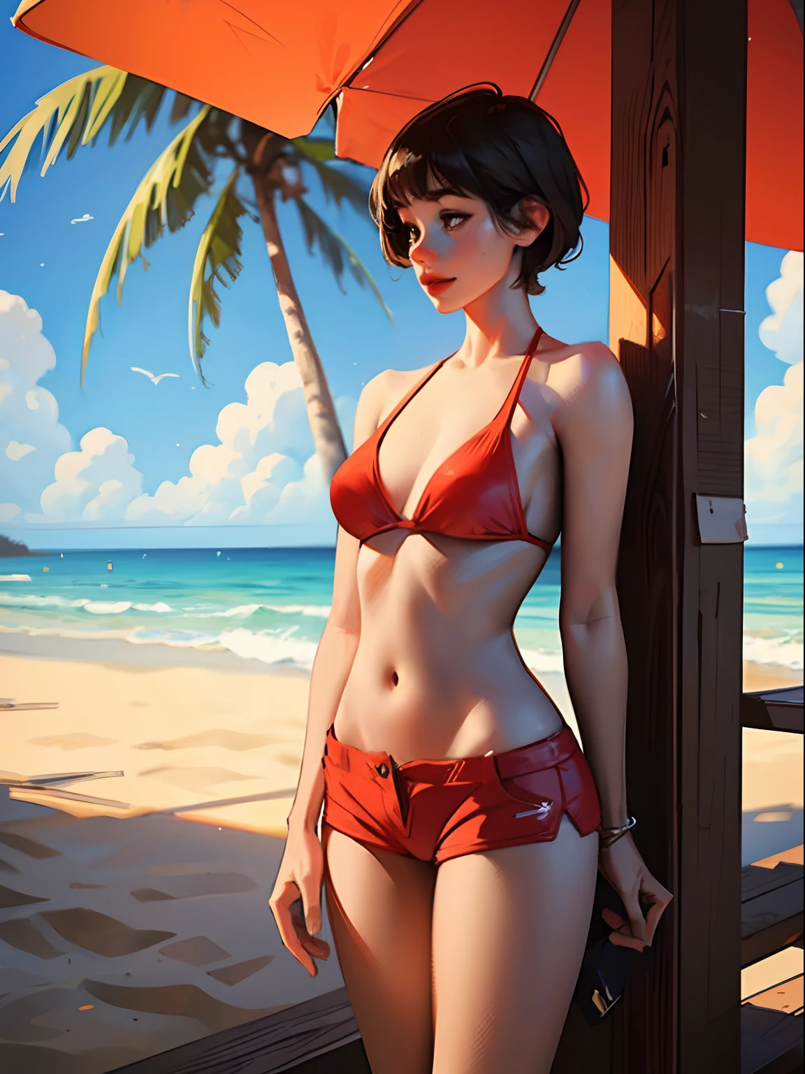 a 40 years old woman with short hair ,shorts , wearing a bikini and red shorts. (best quality, ultra-detailed), (realistic),beach,, sunshine-filled, dream-like atmosphere, soft lighting, vibrant colors, relaxed pose, tropical palm tree background.