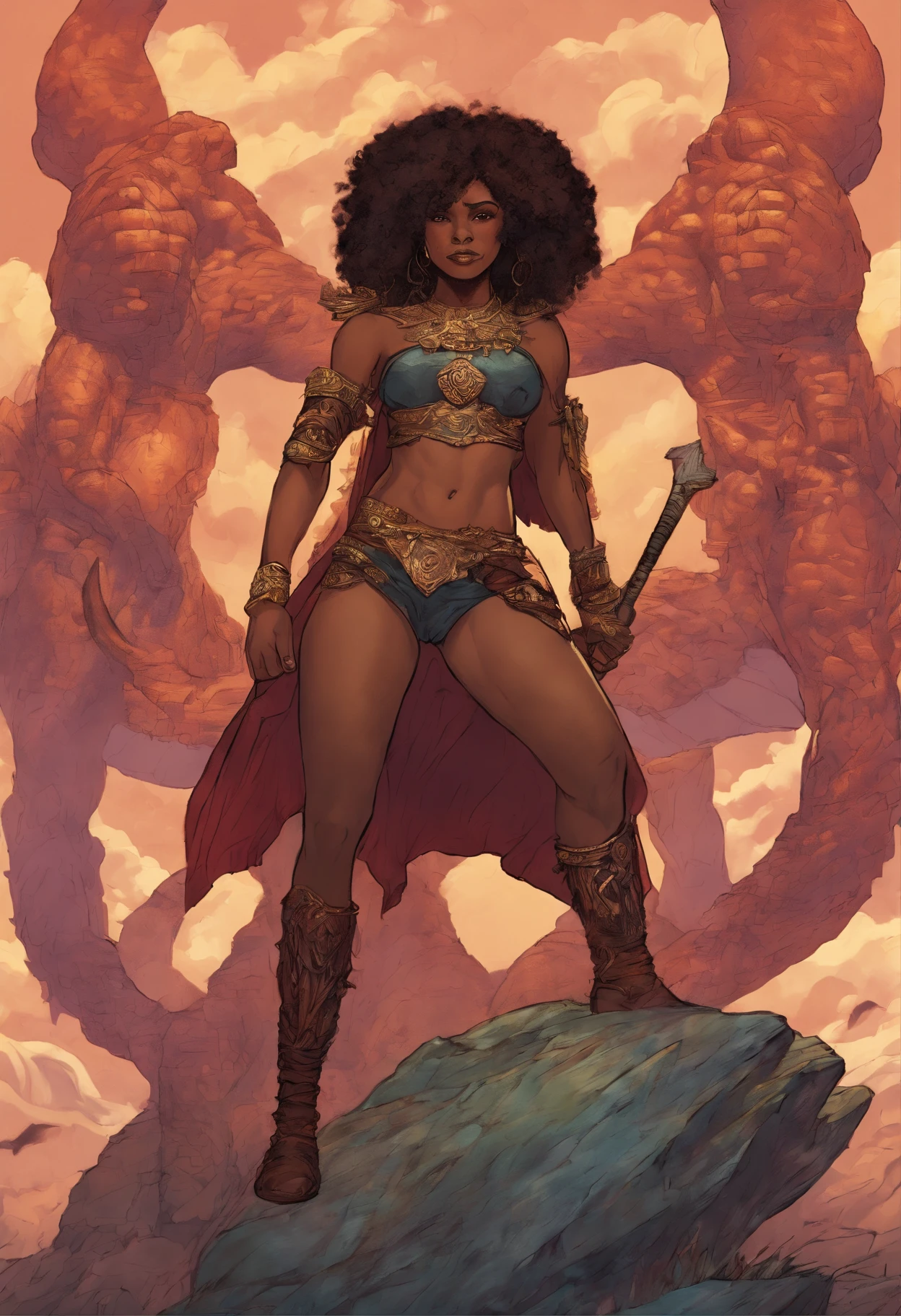 (Lupita Nyong'o as Red Sonja), (muscular body), ((red hair)), ((camel toe)), ((cameltoe)), master piece, best quality, ((realistic)), ((1 person)), 8K picture quality, extremely delicate and beautiful, magnificent, Official art with attention to detail, Ridiculous, unbelievable Ridiculous, huge file size, ultra-detailed, highly detailed, (Pretty girl), (Detailed and girl), ((Perfect female figure)), Slim waist, (tattoo), With a powerful presence, Digital Art, Artgerm, hyperdetails, Top Fade, Cowboy Shot, Dark Fantasy, Mons Pubis, NSFW