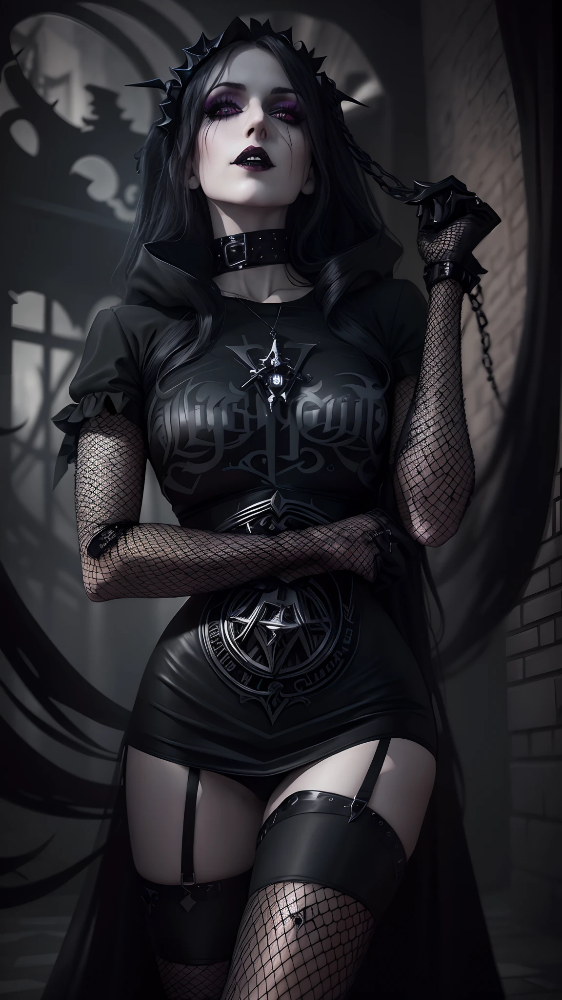 a woman in a black shirt and fishnet stockings posing for a picture, black metal style, hyper - goth, witchcore clothes, ornamental gothic - cyberpunk, black metal aesthetics, cyberpunk black metal band, black metal rococo, witchcore, gothcore, black metal, cybergoth, killstar, gothic horror vibes, metal garments, occult inspired, leviathan cross