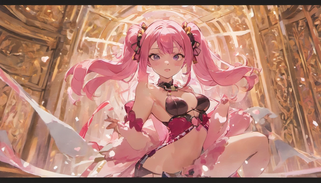 The illustration shows Kai'sa, a beautiful woman of captivating beauty. Her long pink hair in a pair of pigtails denotes attraction. She wears a corset, pink miniskirt, pink panties, white knee-high boots, and white elbow-length gloves. Her beauty is not only due to her facial features but also because of her well-defined body. The background shows a luxurious room with red carpet and marble walls. Kai'sa poses on her knees with her back turned and showing off her captivating physique.