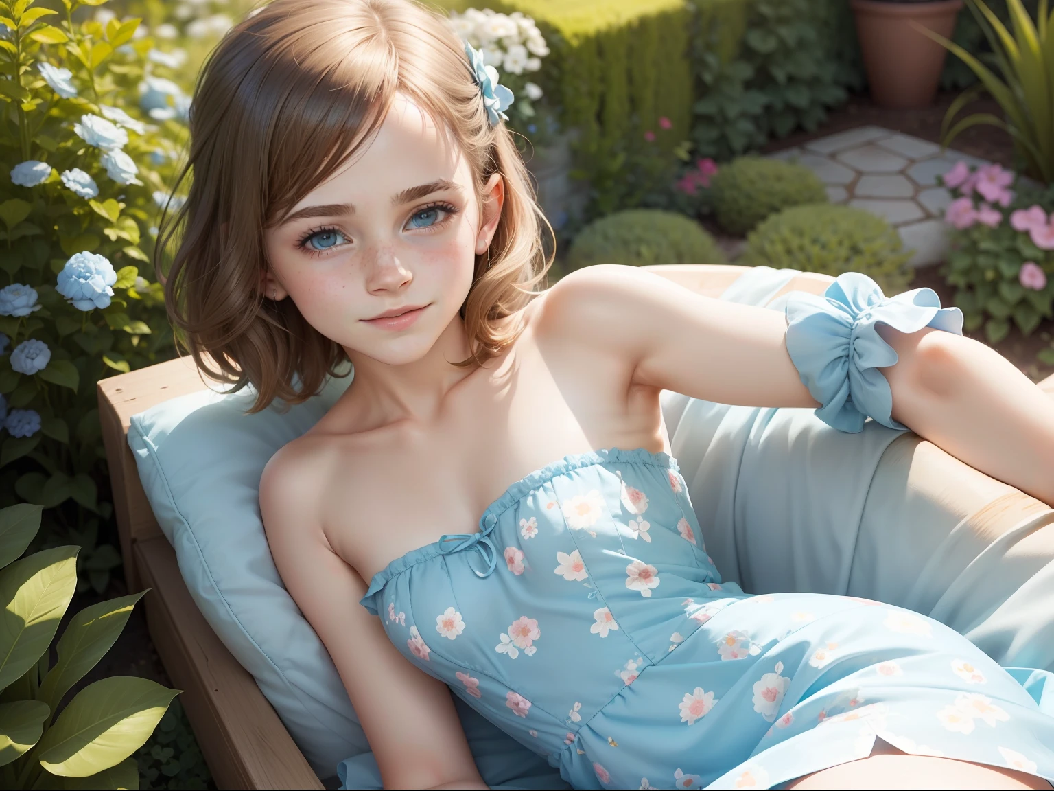 ten Emma Watson wearing a playsuit in the garden, small bust, small chest, cute smile