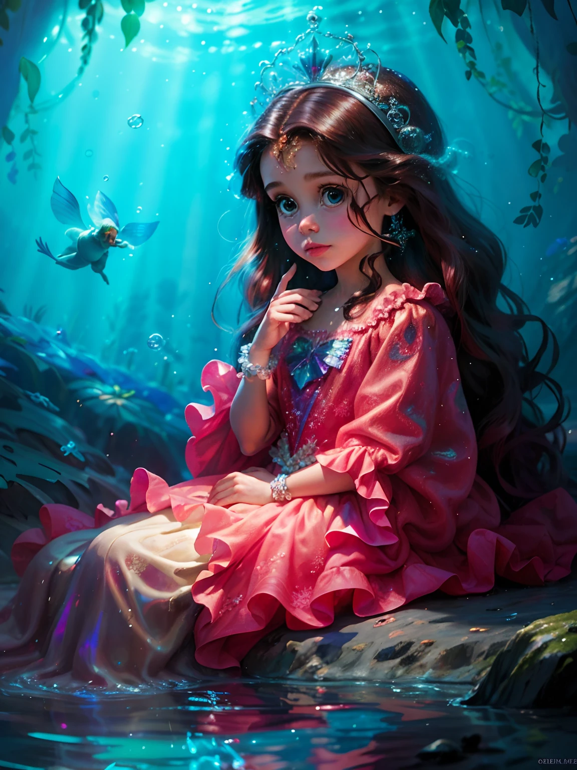 HighestQuali，tmasterpiece：1.2，detalhes detalhados，A 4--old ssed as a portrait of Ariel, a Pequena Sereia da Disney，exquisite facial features，She held a starfish in her hand，She sits by the sea，There are bubbles everywhere