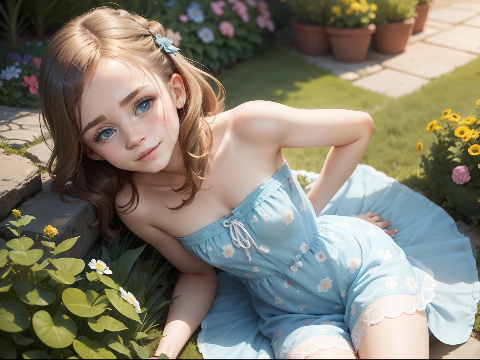 tween Emma Watson wearing a light blue floral patterned strapless playsuit in the garden, small bust, small chest, cute smile, light blue head accessories
