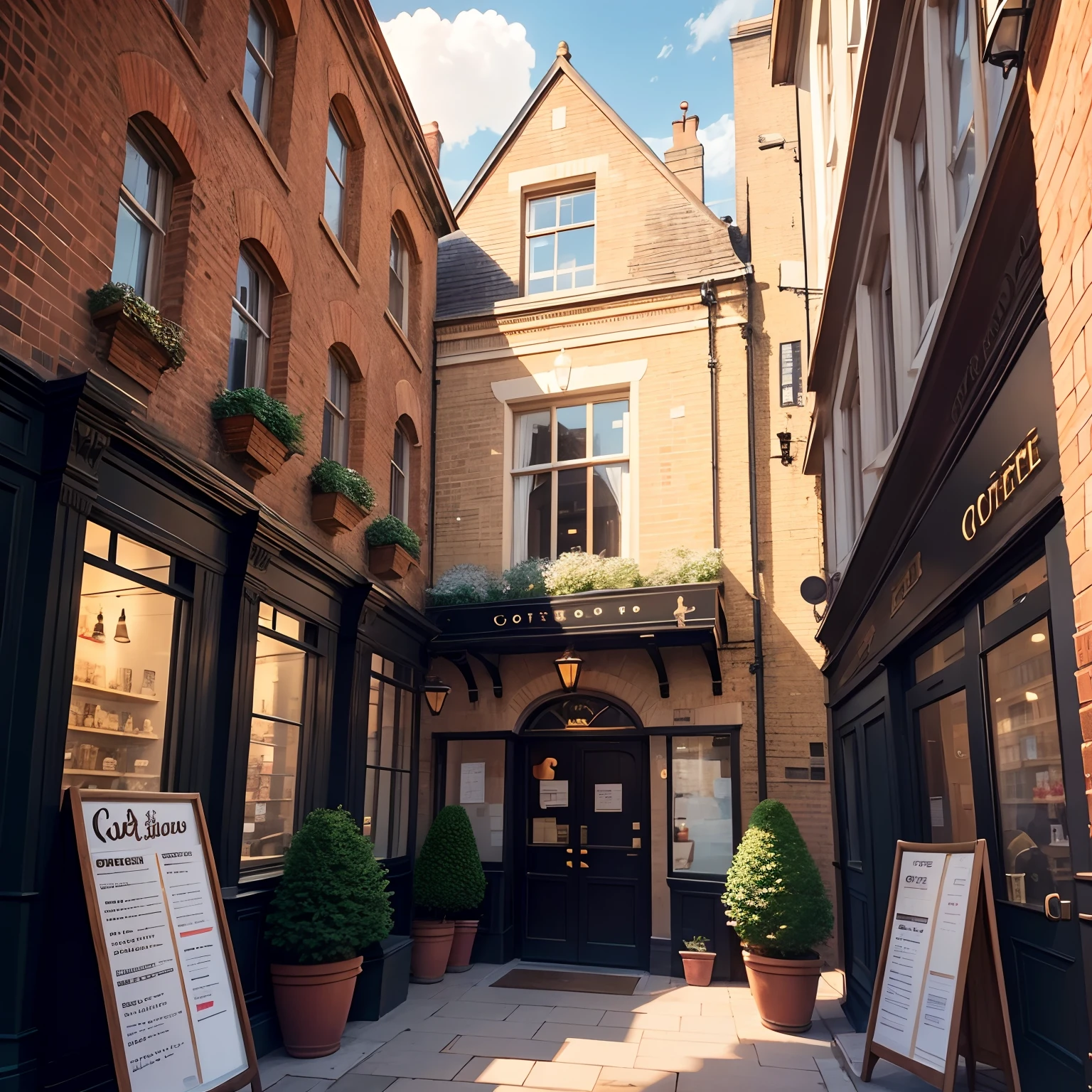 Coffee shop, coffee shop in London, facade of a coffee shop, entrance to a coffee shop in London, scenery, anime style, anime scenery, London