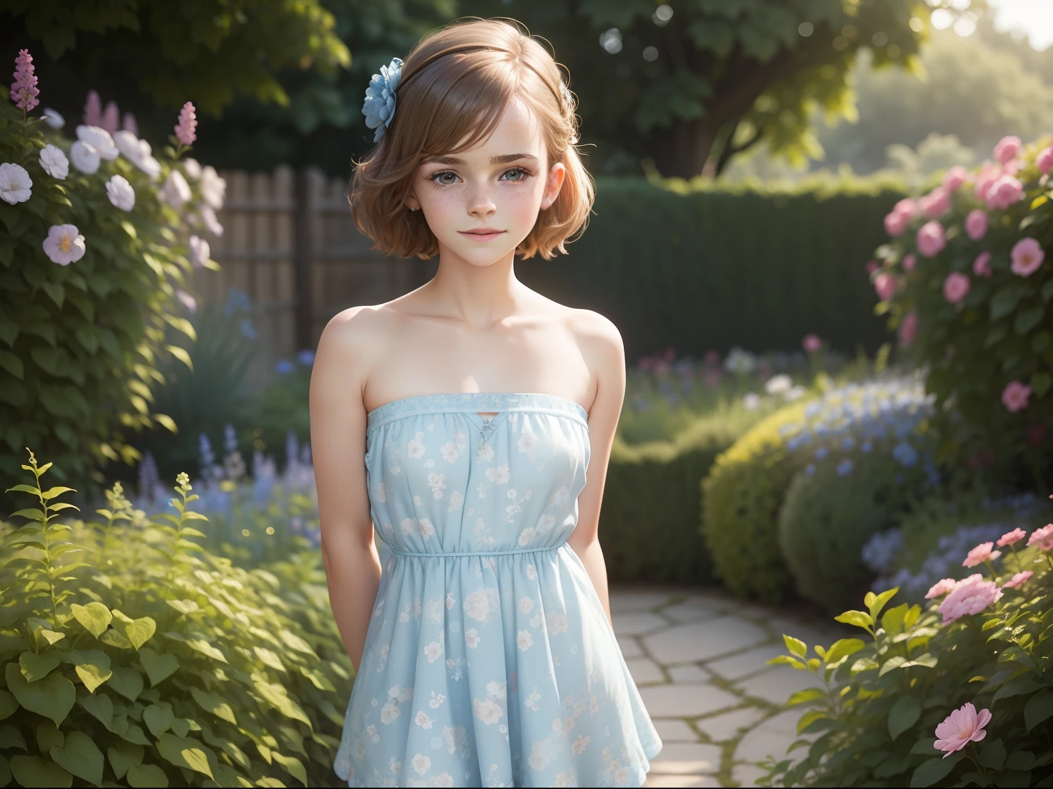 tween Emma Watson wearing a light blue floral patterned strapless playsuit in the garden, small bust, small chest, cute smile, light blue head accessories