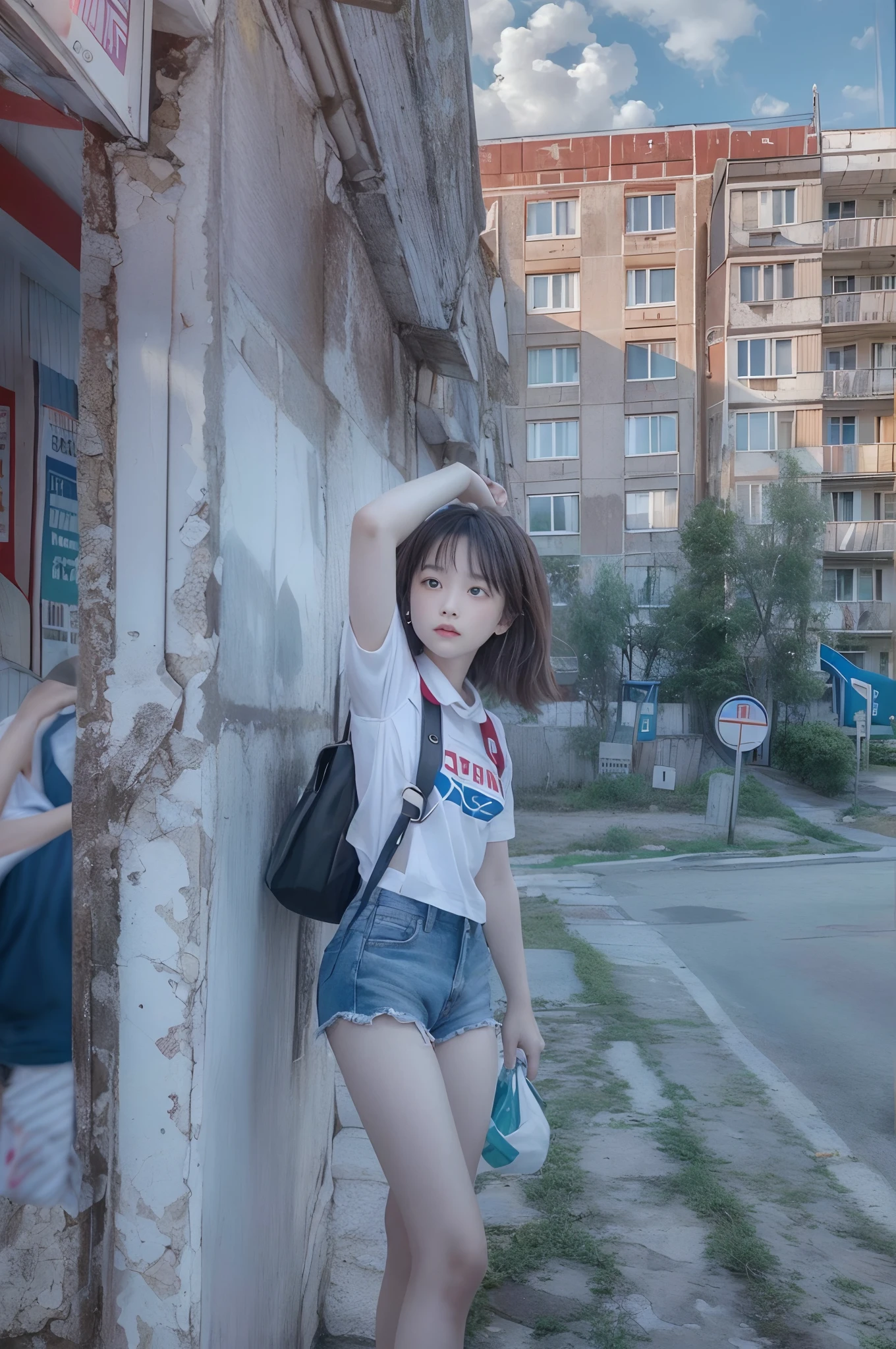 Time-lapse image on the background of a public apartment in Russia、Intersection of two time axes、Late summer photos、Images depicting different scenes of a age girl venturing through a Russian public house in the summer of the 1990s and 2020s. She is seen standing, Dancing, Posing、Tempting、With mixed emotions、Randomly select multiple emotions、Sounds like fun、sadly、In love、Staring at you、Eta、Gaze beyond these situations to the sky, Each represents a blend of past and future moments. The transition between eras is mesmerizing, With a perspective intertwined in a harmonious mix of nostalgia and futurism. The scene is、It is necessary to emit optimism and scathing sentimentality, Recognizing the girl's time experience as fluid, Interconnection phenomenon、masterpiece